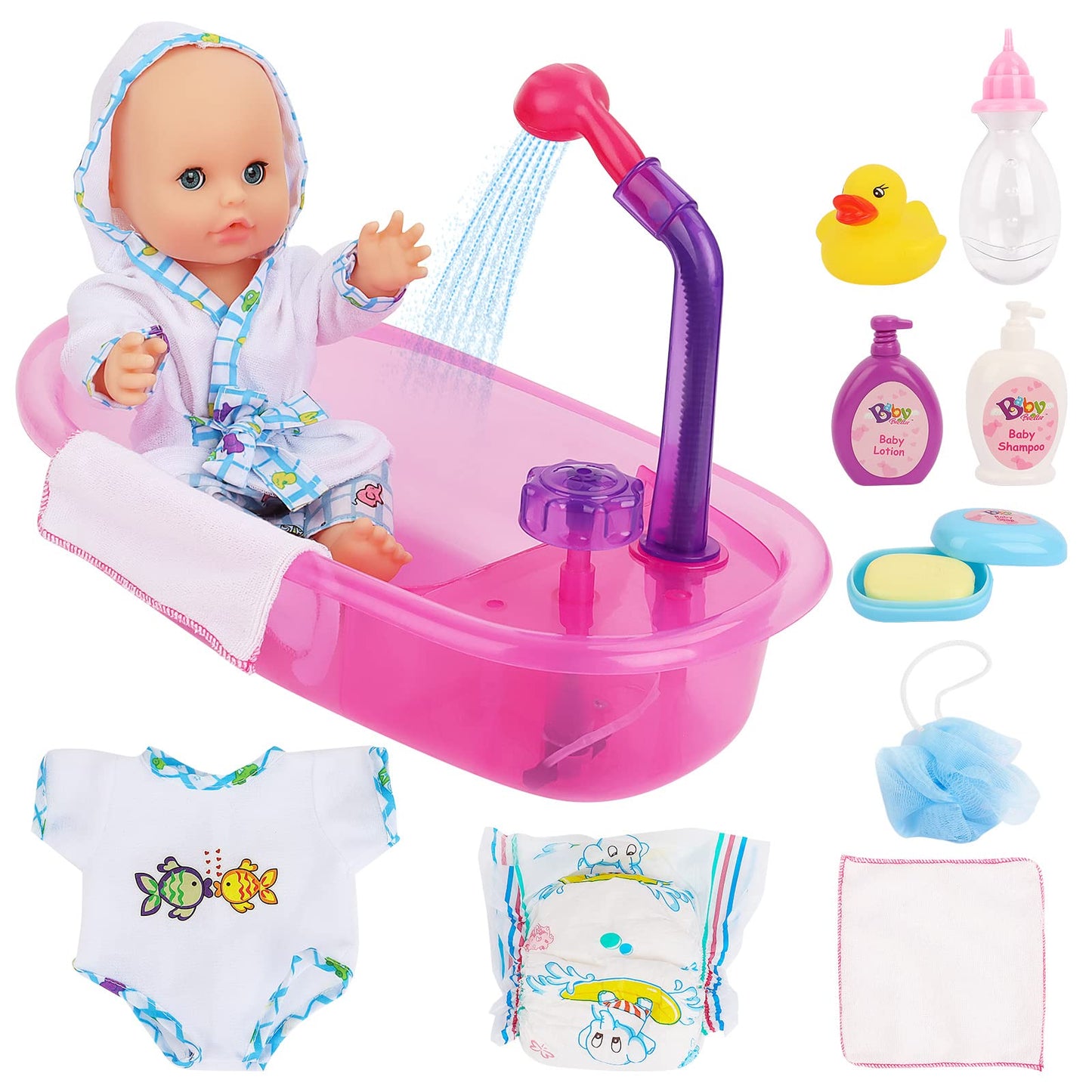 deAO Baby Doll Bath Set with Bathtub – 13” Doll, Detachable Shower Spray, 11‑Piece Bath Toy Gift for 3+