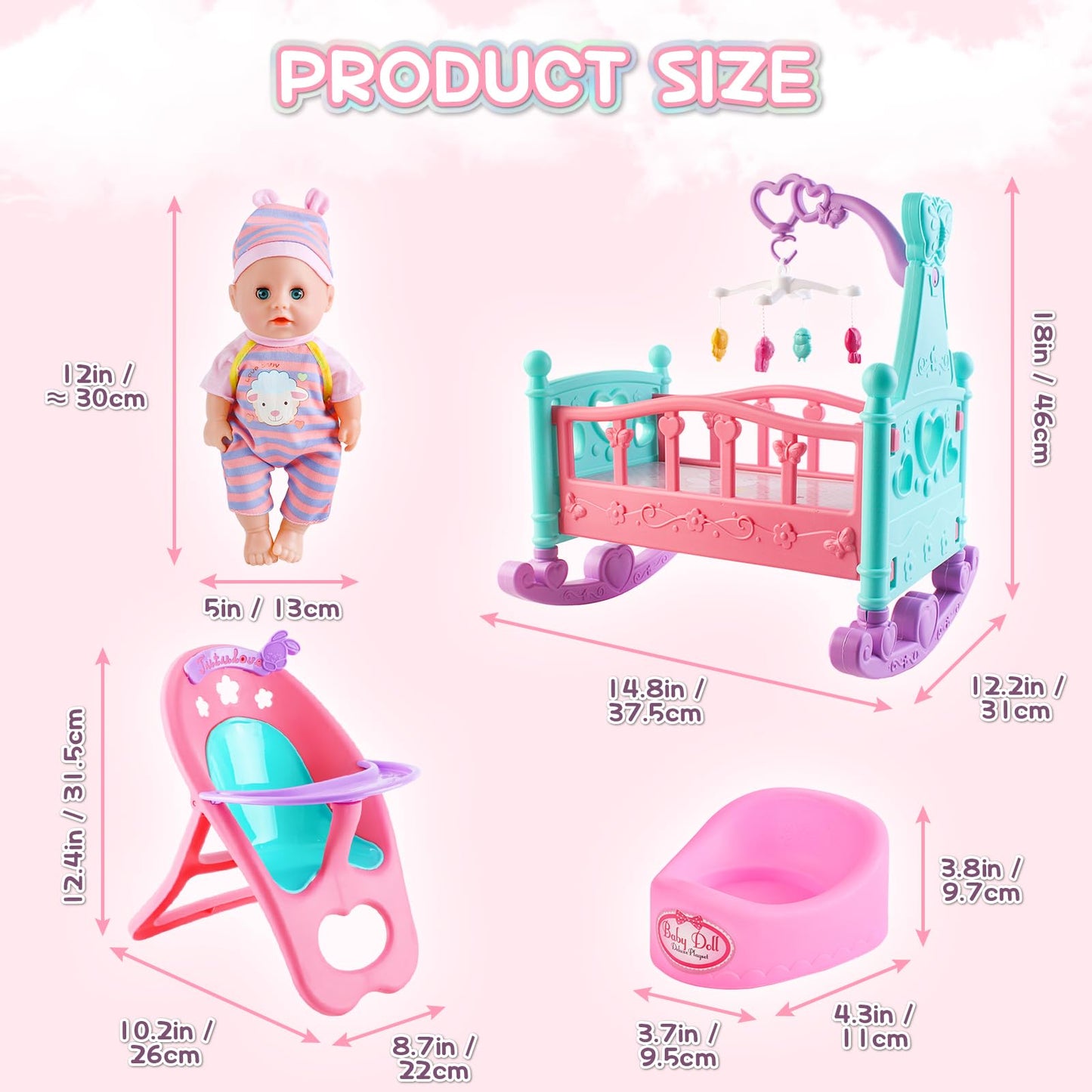 deAO 12” Baby Doll Play Set with Crib, Mobile & Feeding Accessories – 21 PCS
