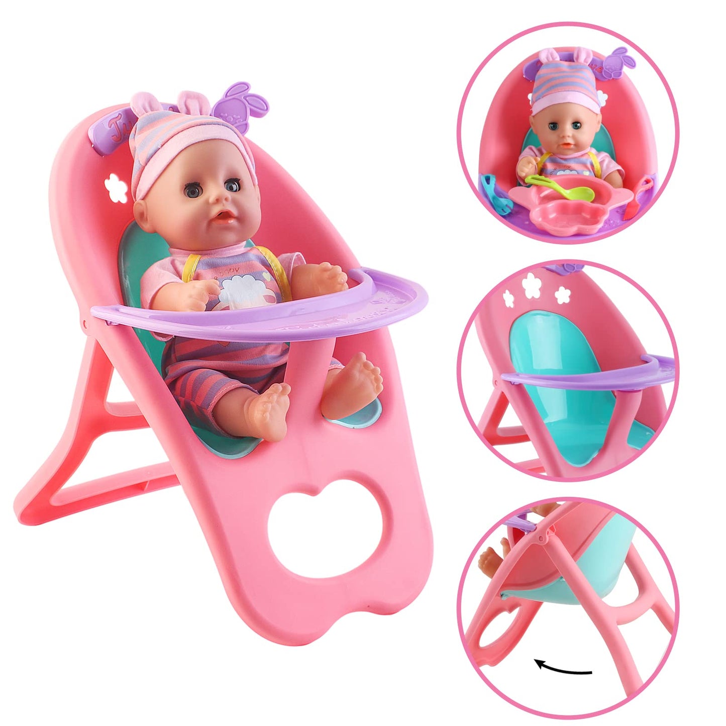 deAO 12” Baby Doll Play Set with Crib, Mobile & Feeding Accessories – 21 PCS