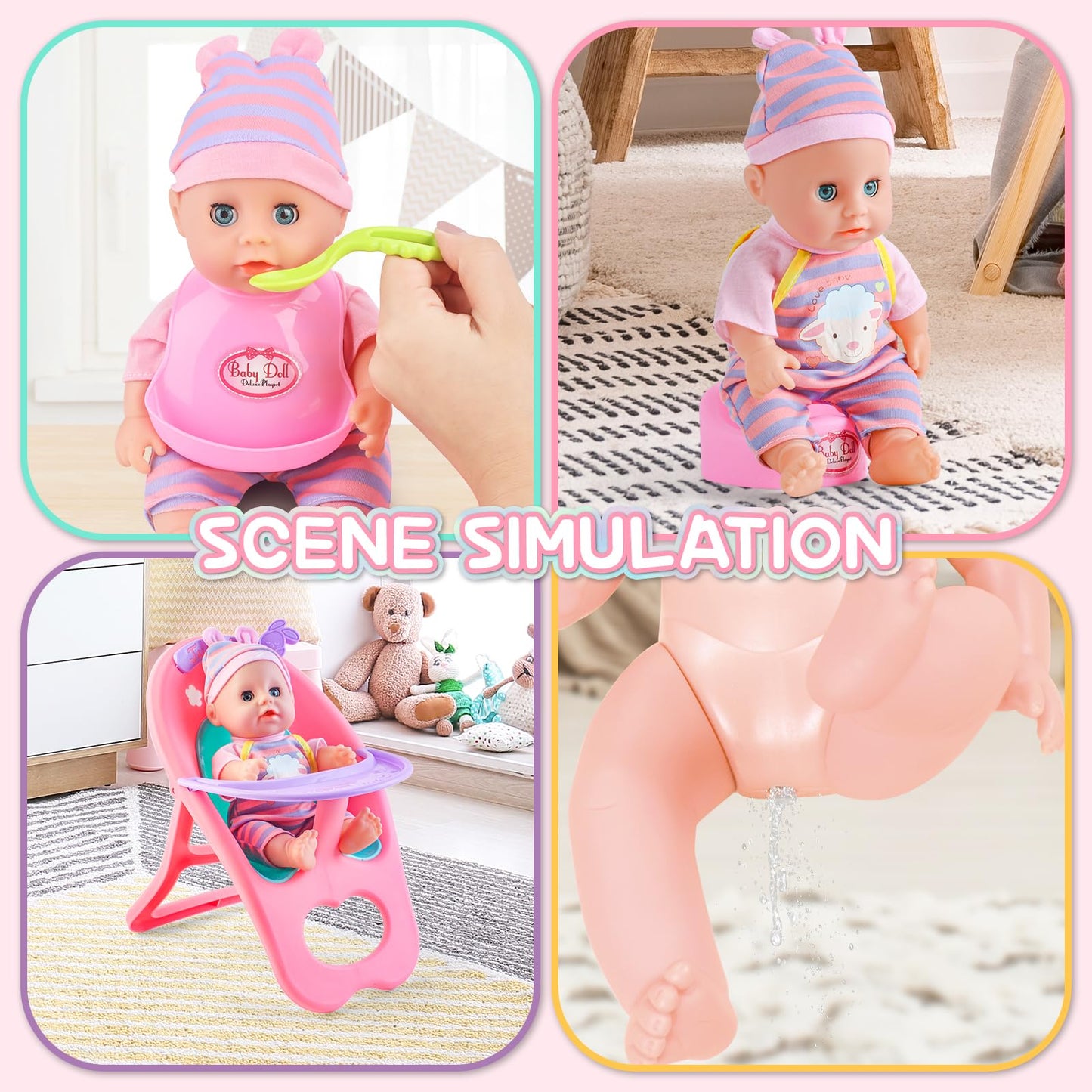 deAO 12” Baby Doll Play Set with Crib, Mobile & Feeding Accessories – 21 PCS