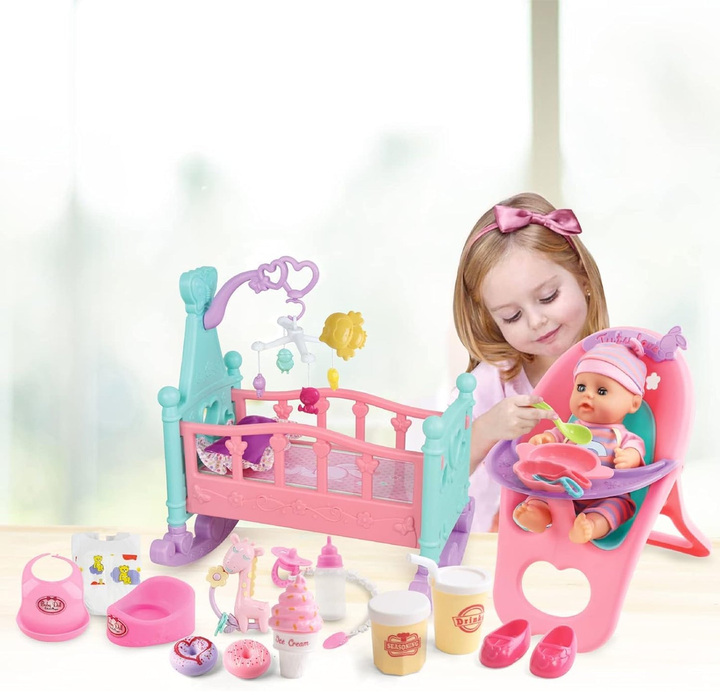 deAO 12” Baby Doll Play Set with Crib, Mobile & Feeding Accessories – 21 PCS