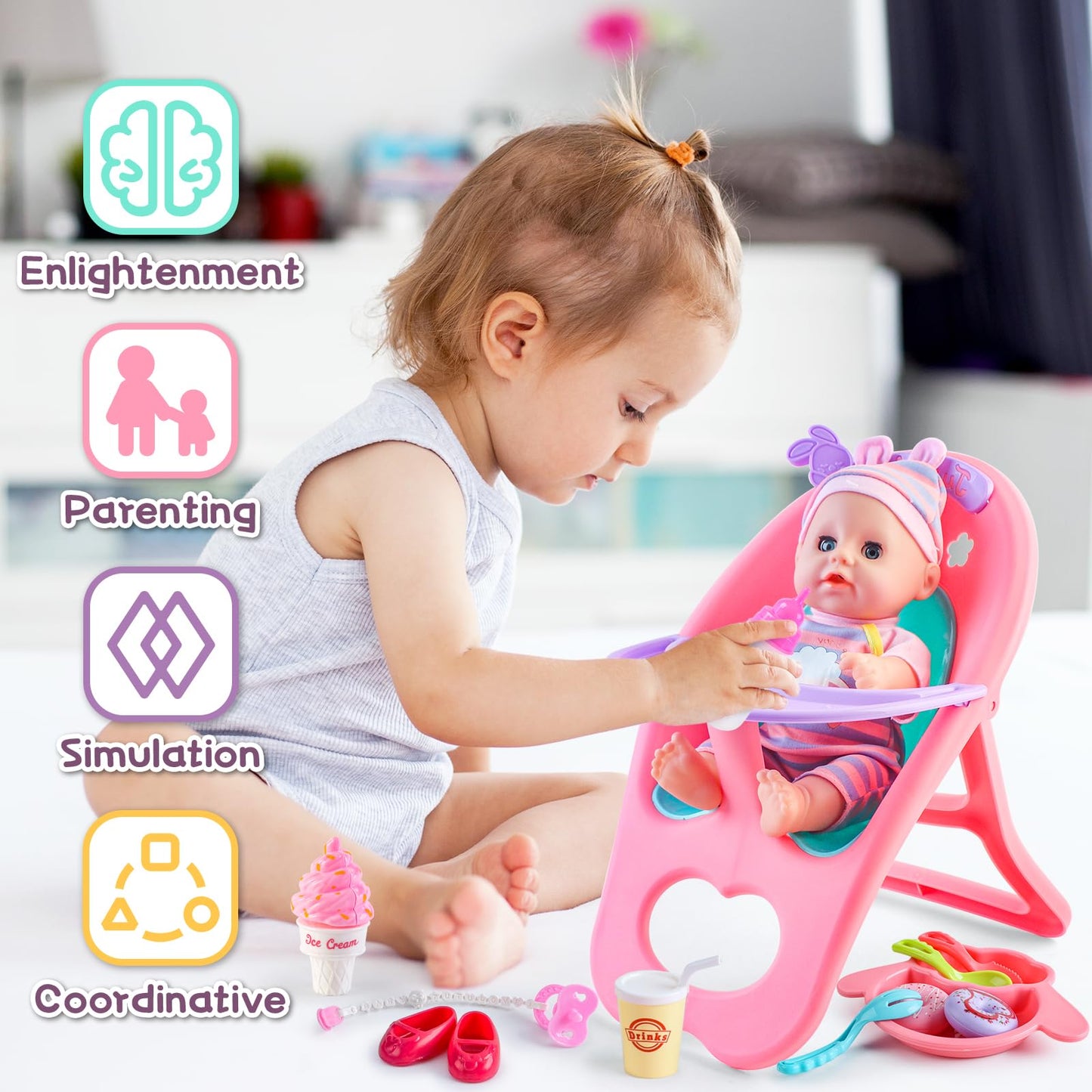 deAO 12” Baby Doll Play Set with Crib, Mobile & Feeding Accessories – 21 PCS