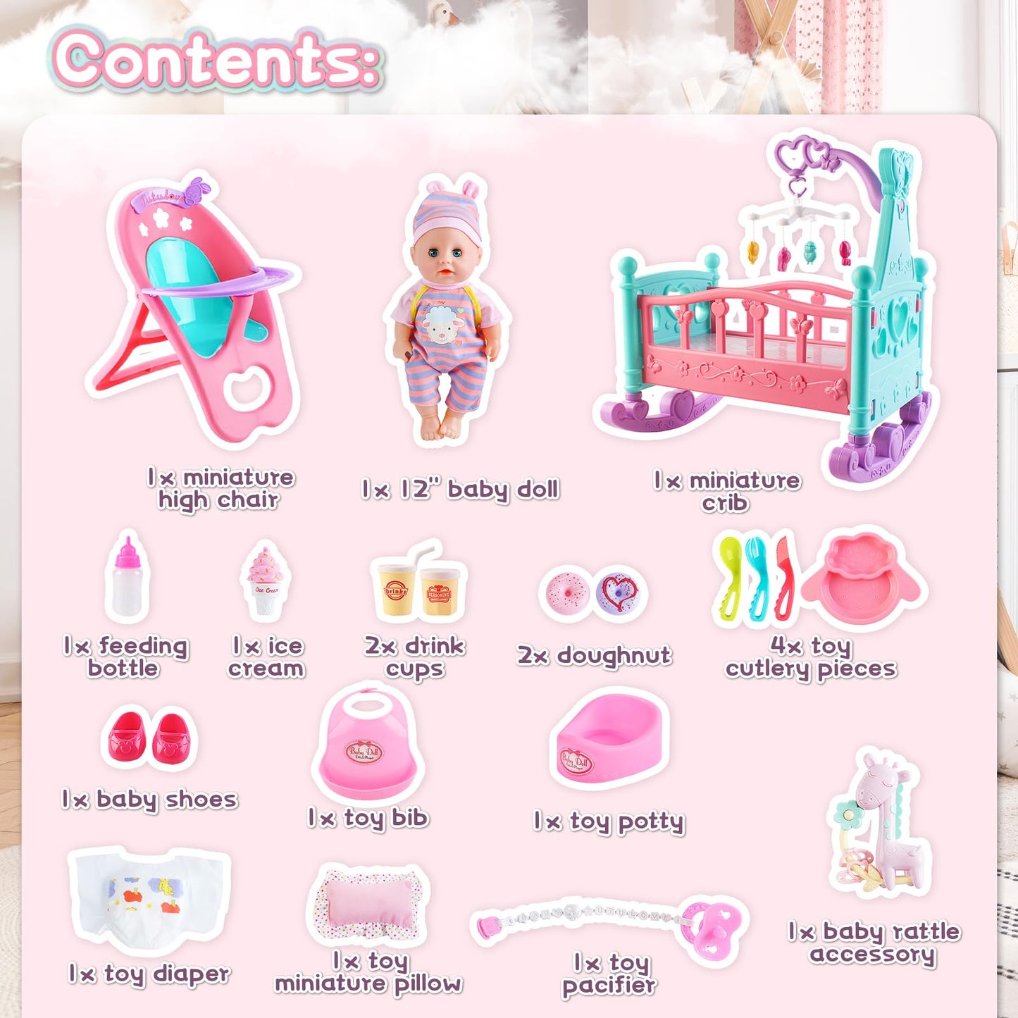 deAO 12” Baby Doll Play Set with Crib, Mobile & Feeding Accessories – 21 PCS
