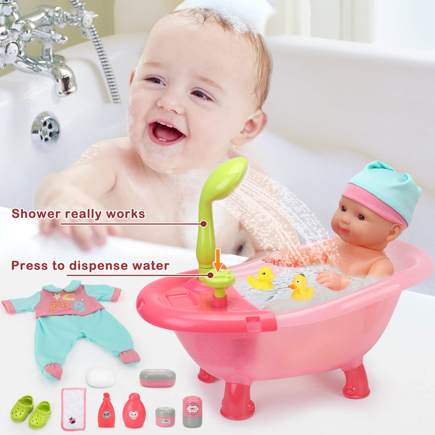 deAO Baby Doll Set – 25 PCS Pretend Play Accessories with High Chair, Bath, Crib & Feeding for 14-inch Dolls
