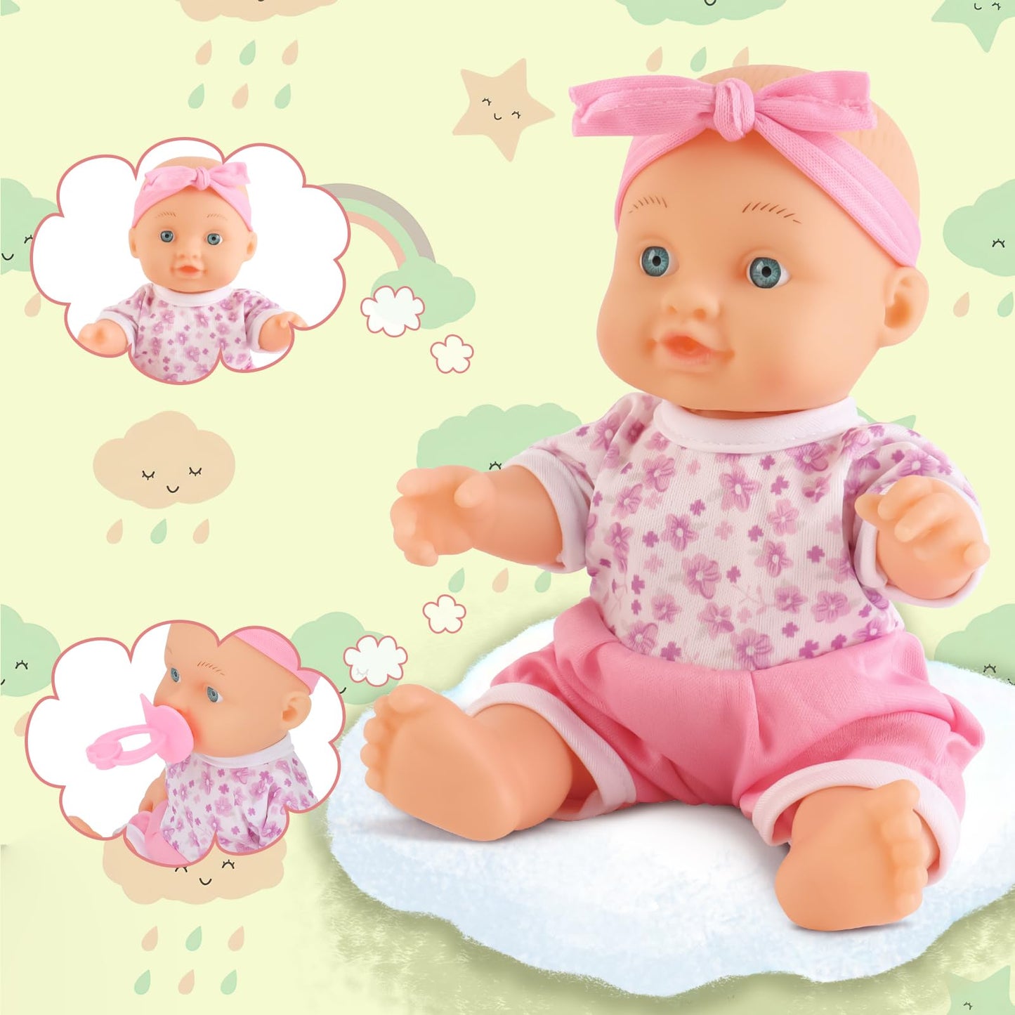 deAO Baby Doll Set with Mini Crib and Mobile High Chair – 12 Accessories | Pretend Play Gift for 3+