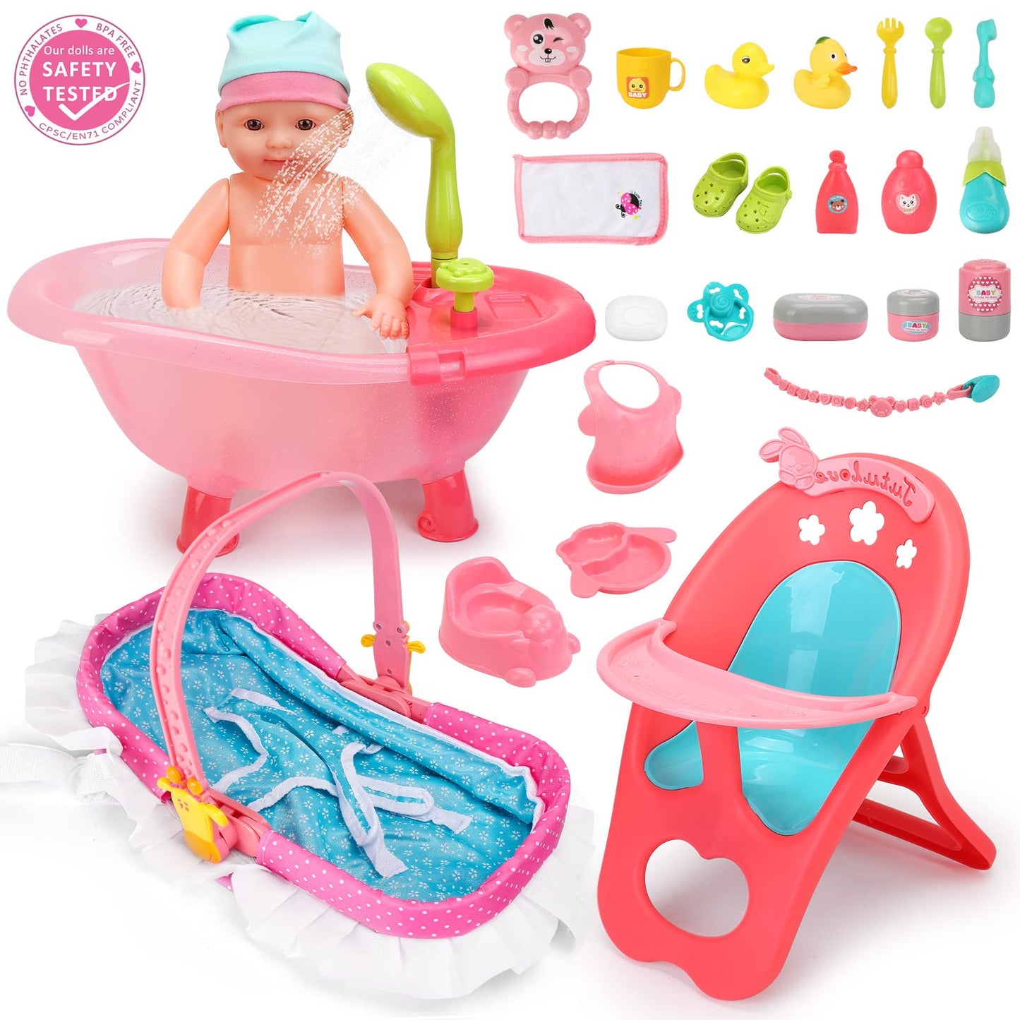 deAO Baby Doll Set – 25 PCS Pretend Play Accessories with High Chair, Bath, Crib & Feeding for 14-inch Dolls