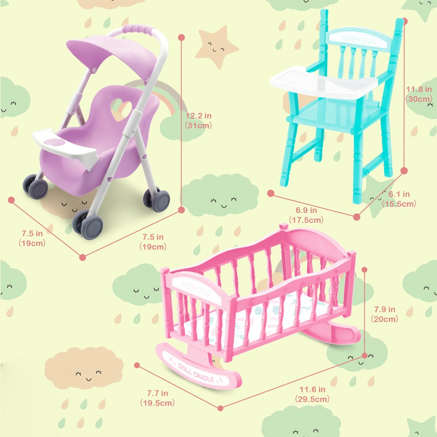 deAO Baby Doll Set with Mini Crib and Mobile High Chair – 12 Accessories | Pretend Play Gift for 3+