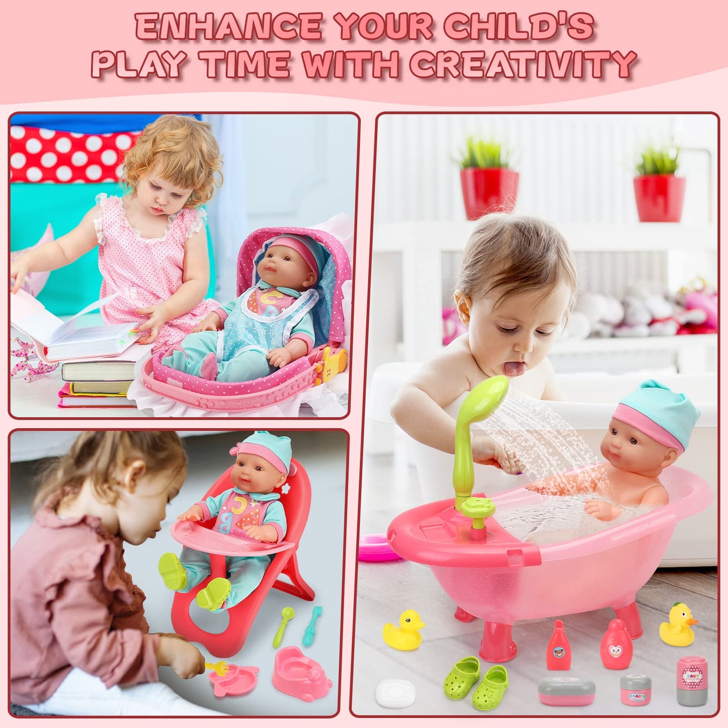 deAO Baby Doll Set – 25 PCS Pretend Play Accessories with High Chair, Bath, Crib & Feeding for 14-inch Dolls