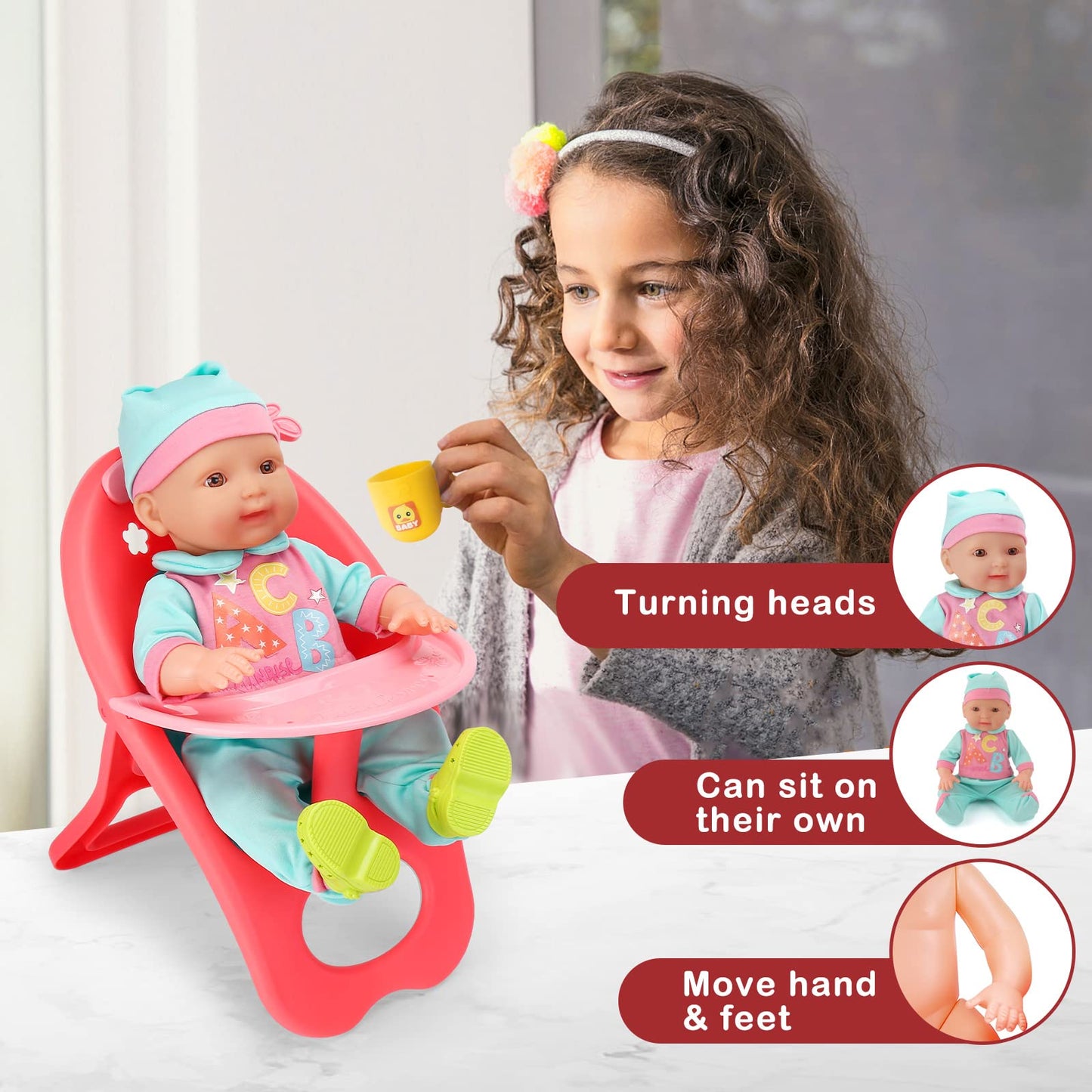 deAO Baby Doll Set – 25 PCS Pretend Play Accessories with High Chair, Bath, Crib & Feeding for 14-inch Dolls