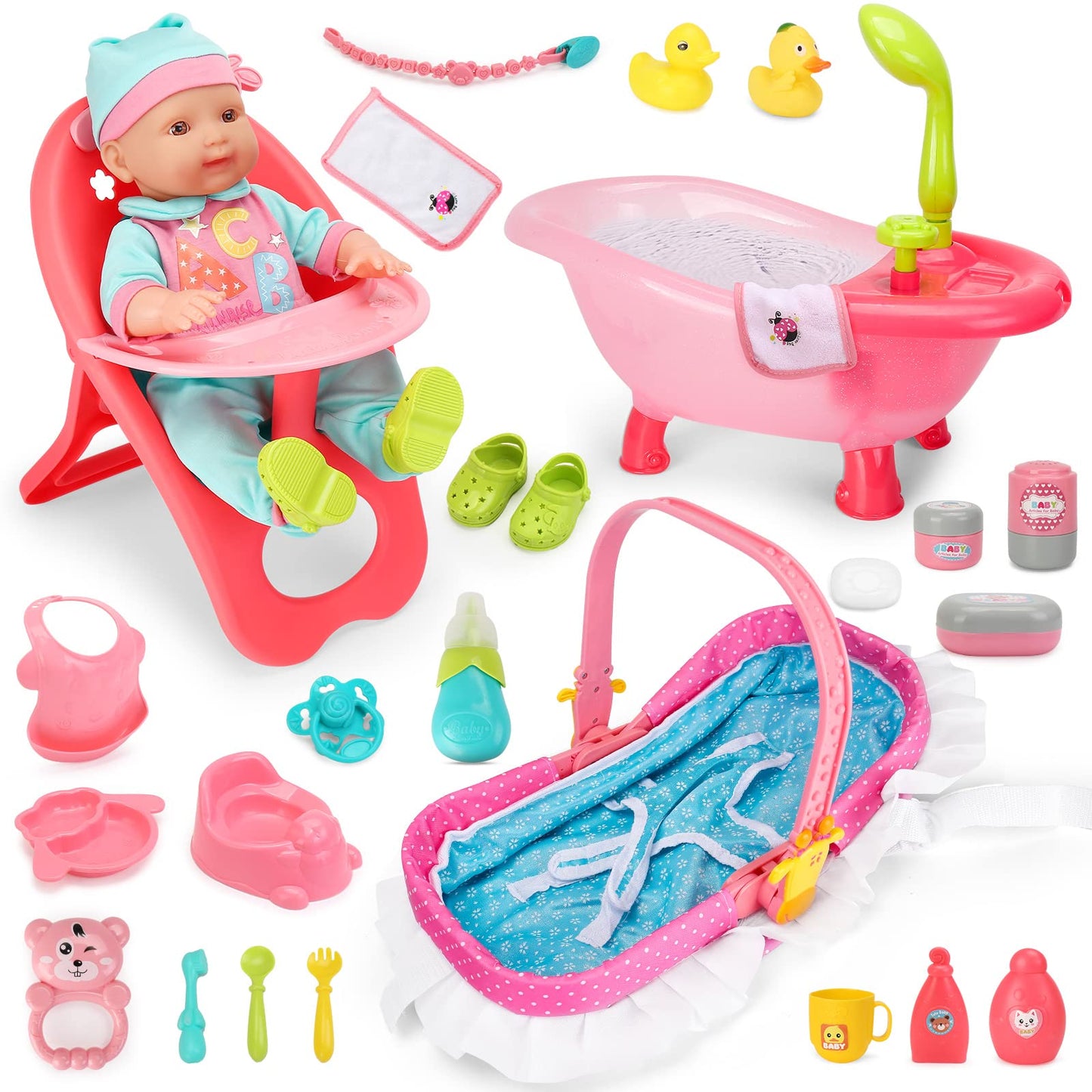 deAO Baby Doll Set – 25 PCS Pretend Play Accessories with High Chair, Bath, Crib & Feeding for 14-inch Dolls