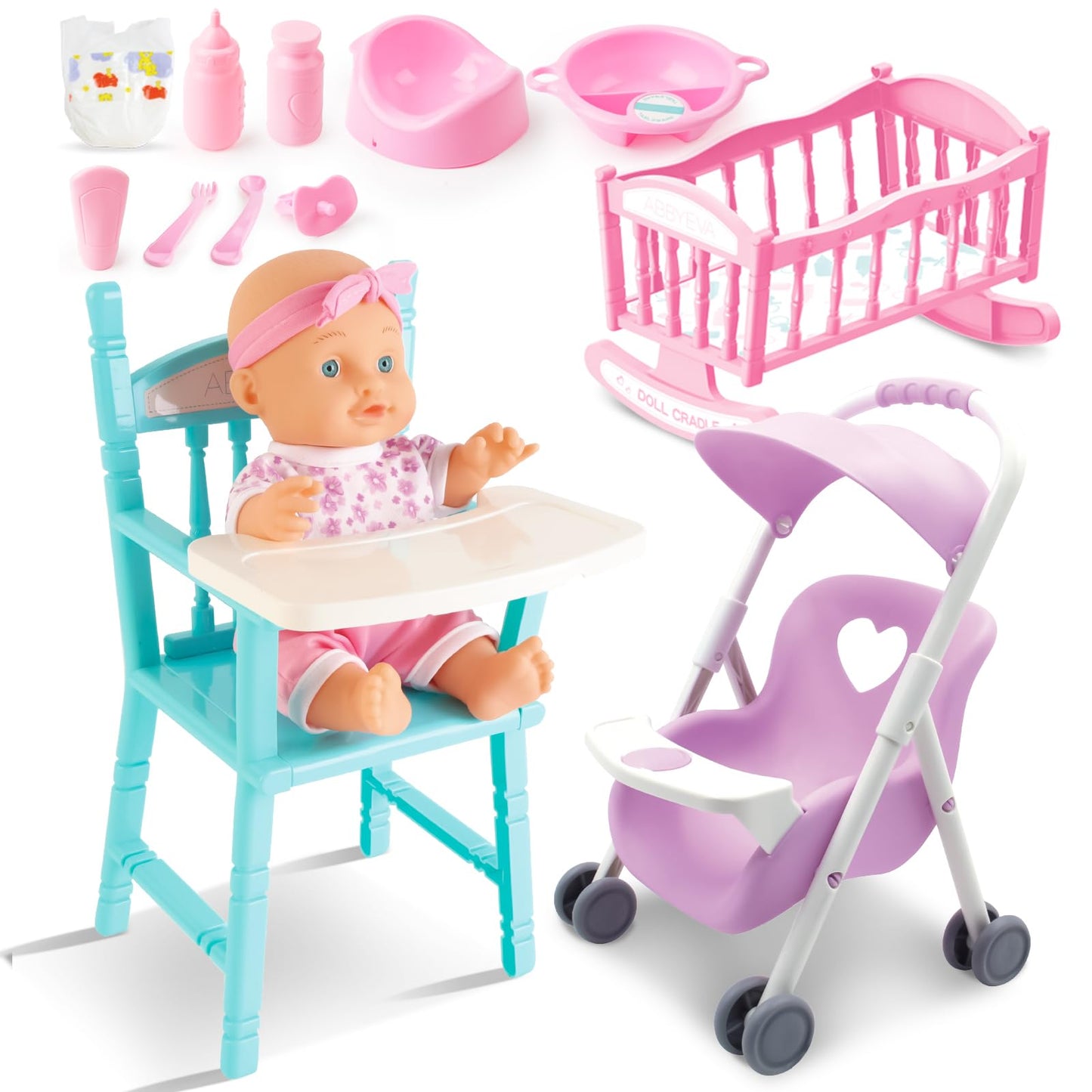 deAO Baby Doll Set with Mini Crib and Mobile High Chair – 12 Accessories | Pretend Play Gift for 3+