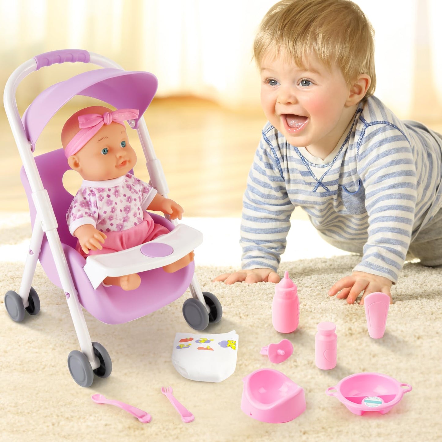 deAO Baby Doll Set with Mini Crib and Mobile High Chair – 12 Accessories | Pretend Play Gift for 3+