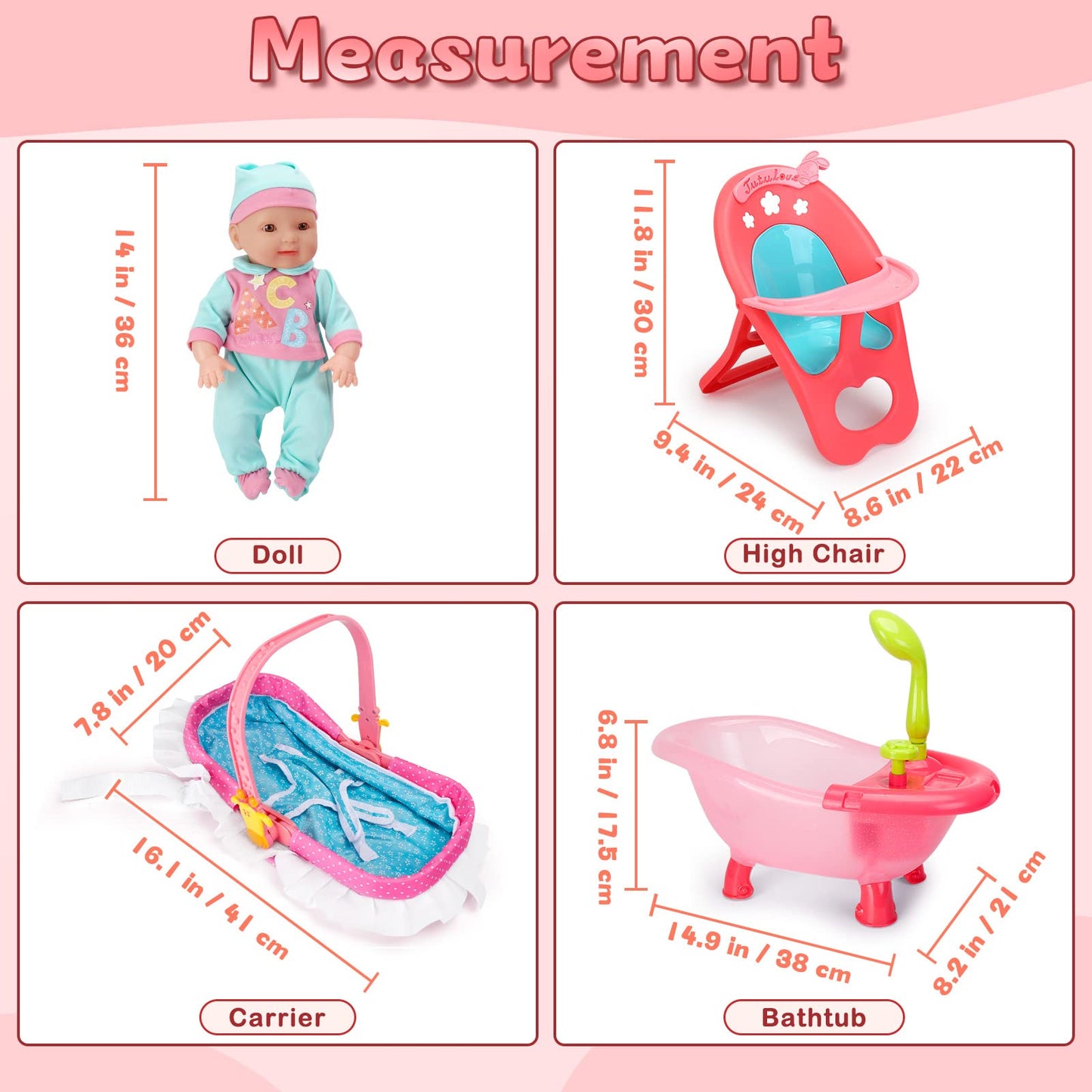 deAO Baby Doll Set – 25 PCS Pretend Play Accessories with High Chair, Bath, Crib & Feeding for 14-inch Dolls