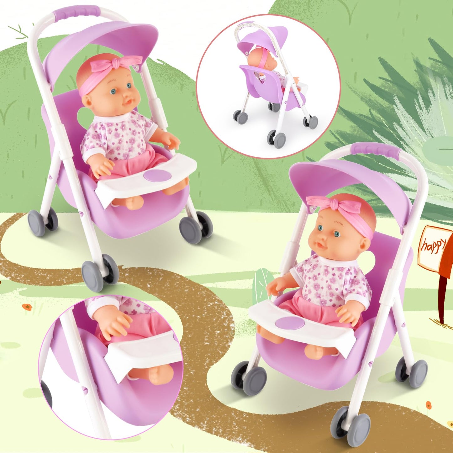 deAO Baby Doll Set with Mini Crib and Mobile High Chair – 12 Accessories | Pretend Play Gift for 3+