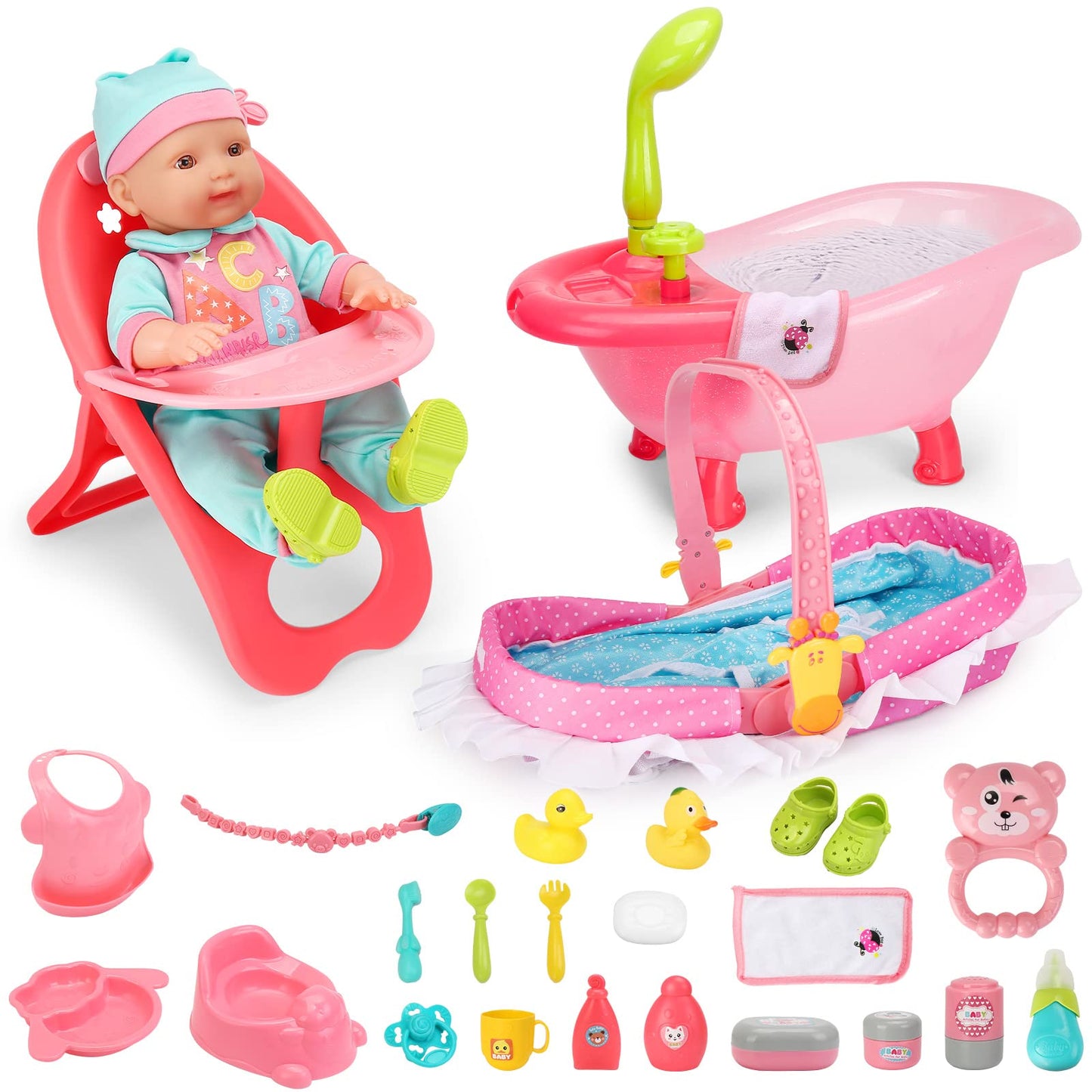 deAO Baby Doll Set – 25 PCS Pretend Play Accessories with High Chair, Bath, Crib & Feeding for 14-inch Dolls