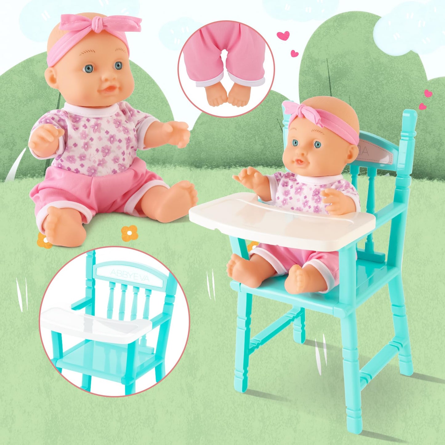 deAO Baby Doll Set with Mini Crib and Mobile High Chair – 12 Accessories | Pretend Play Gift for 3+