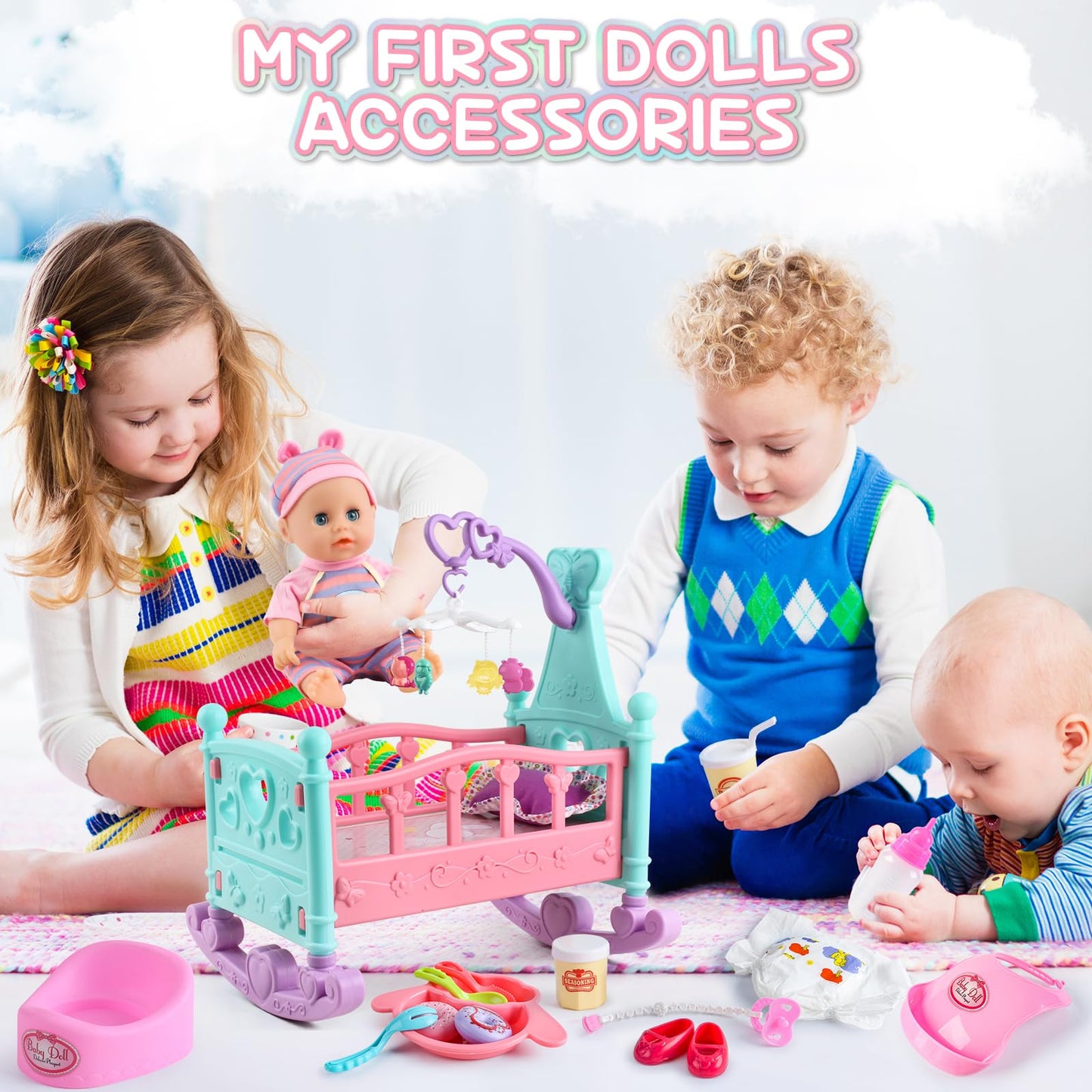 deAO 12” Baby Doll Play Set with Crib, Mobile & Feeding Accessories – 21 PCS