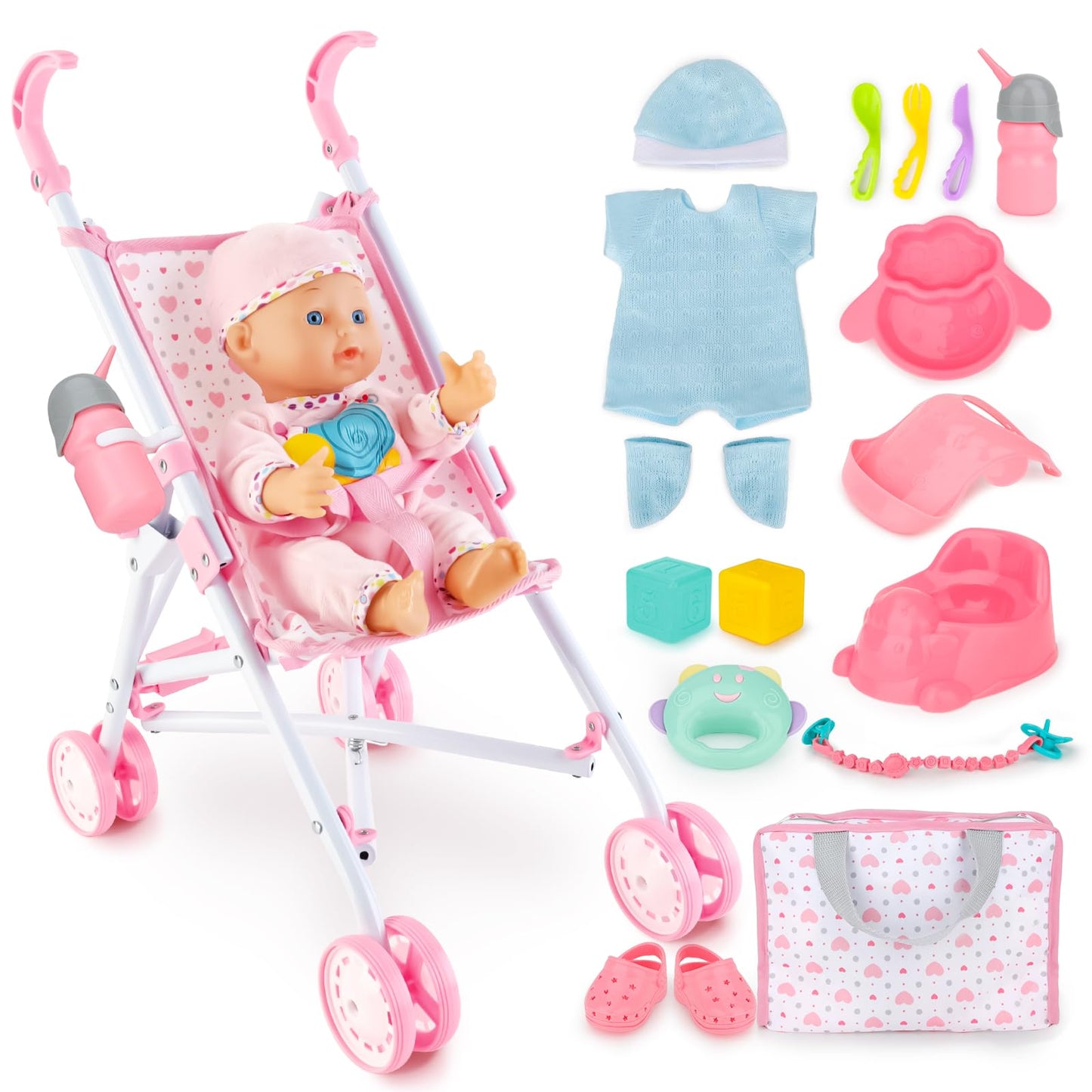 deAO Baby Doll Stroller Set with 13-Inch Doll, Foldable Stroller, 18 Accessories & 2 Doll Clothes