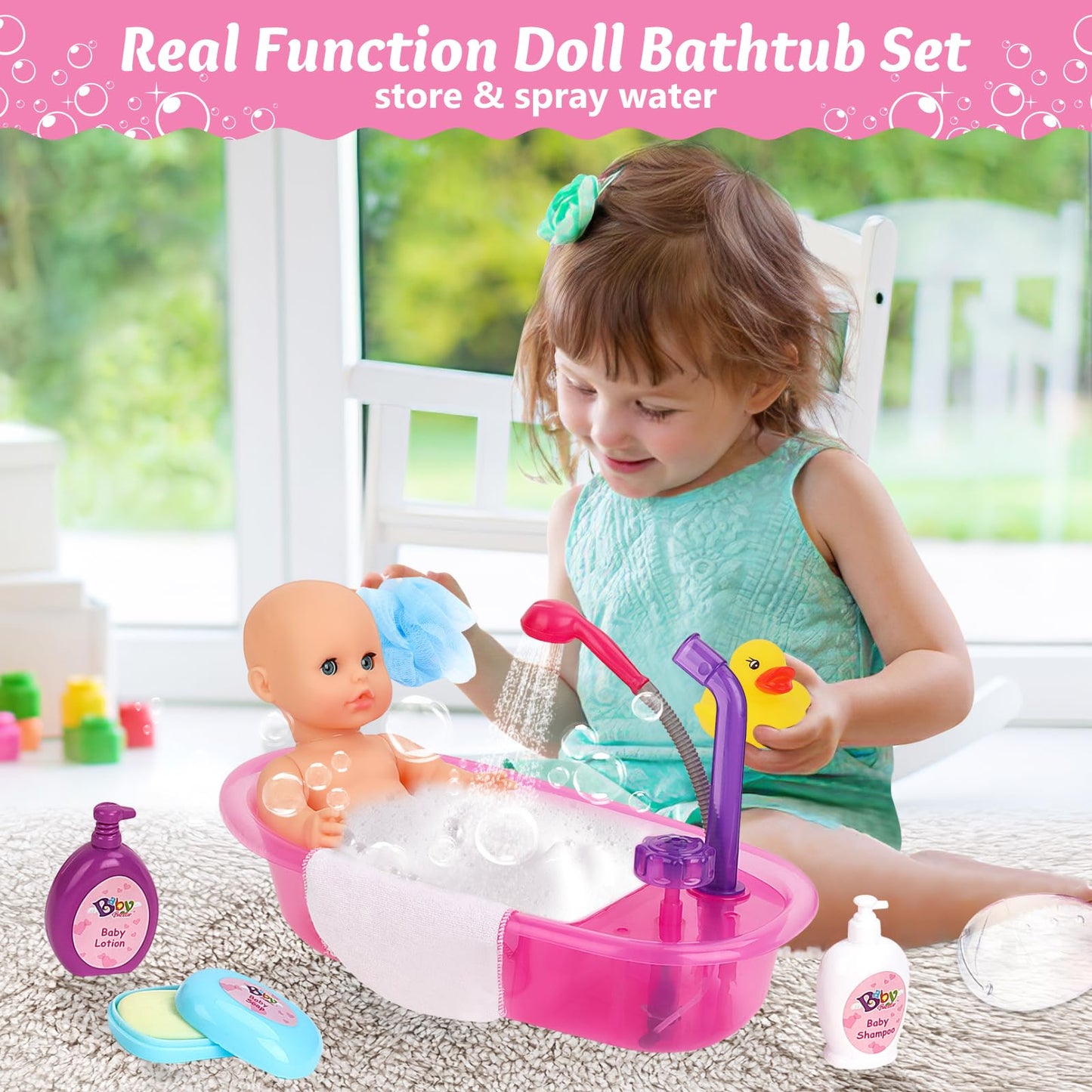 deAO Baby Doll Bath Set with Bathtub – 13” Doll, Detachable Shower Spray, 11‑Piece Bath Toy Gift for 3+