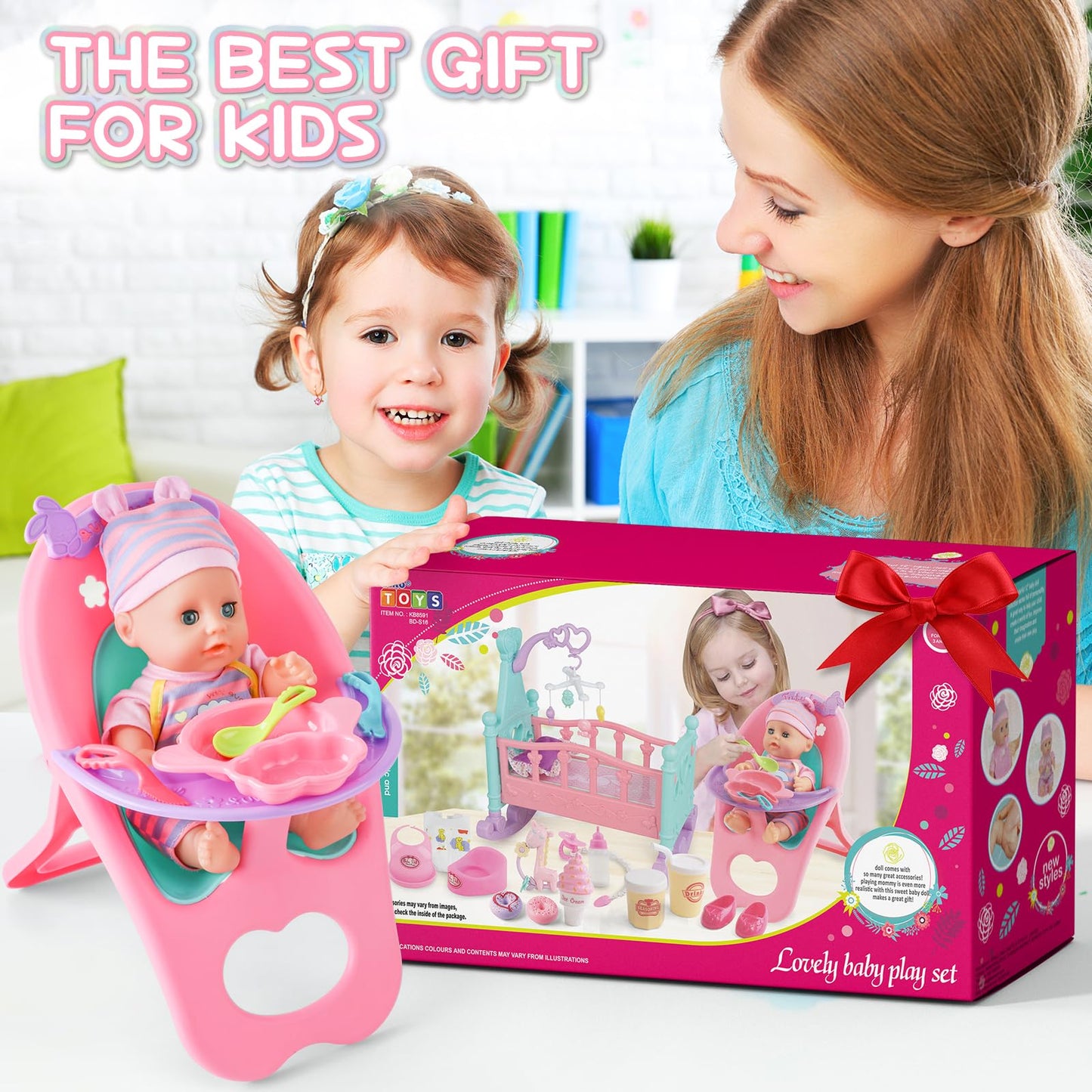 deAO 12” Baby Doll Play Set with Crib, Mobile & Feeding Accessories – 21 PCS