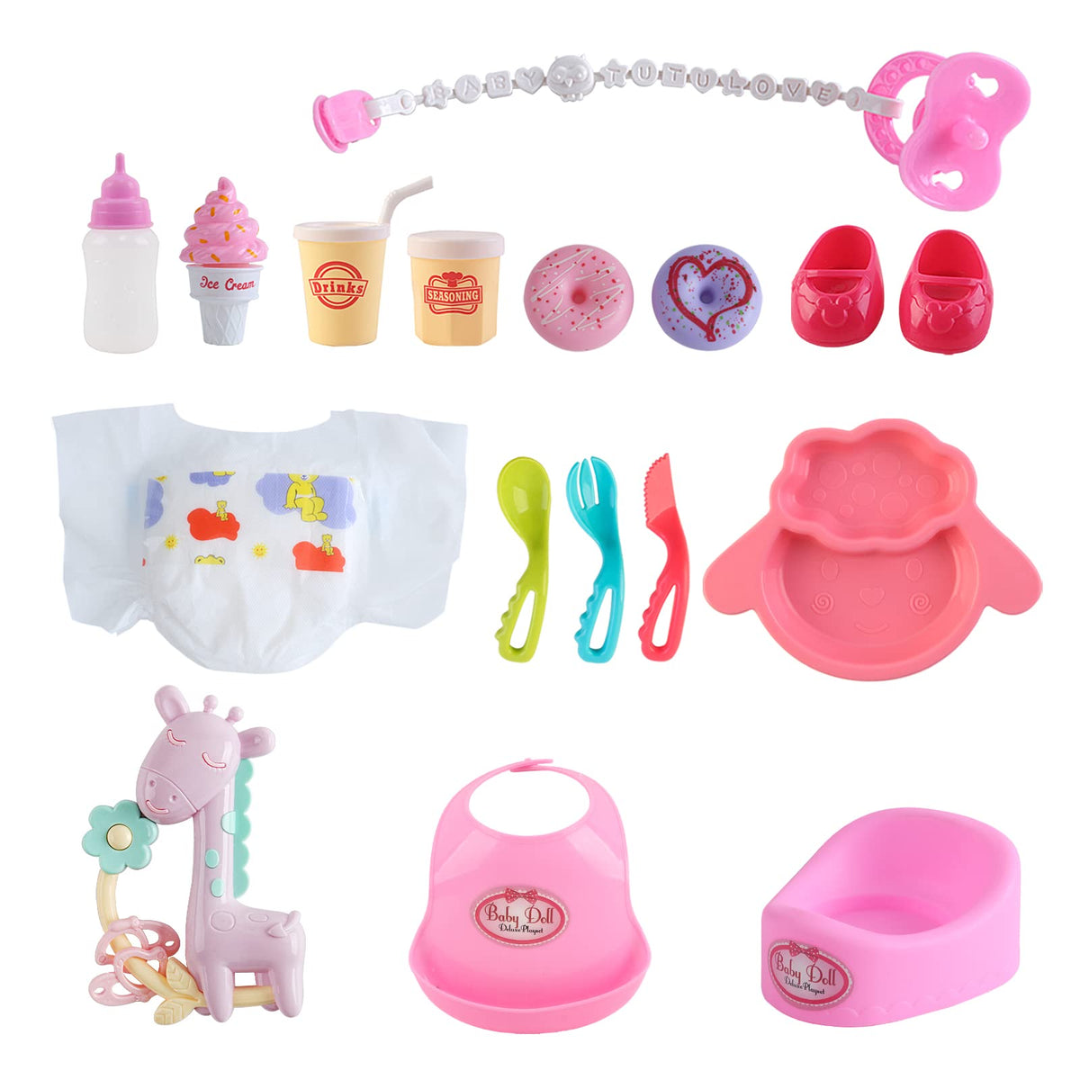 deAO Black Baby Doll Set – 21-Piece Play Set with Doll, Mobile, High Chair & More