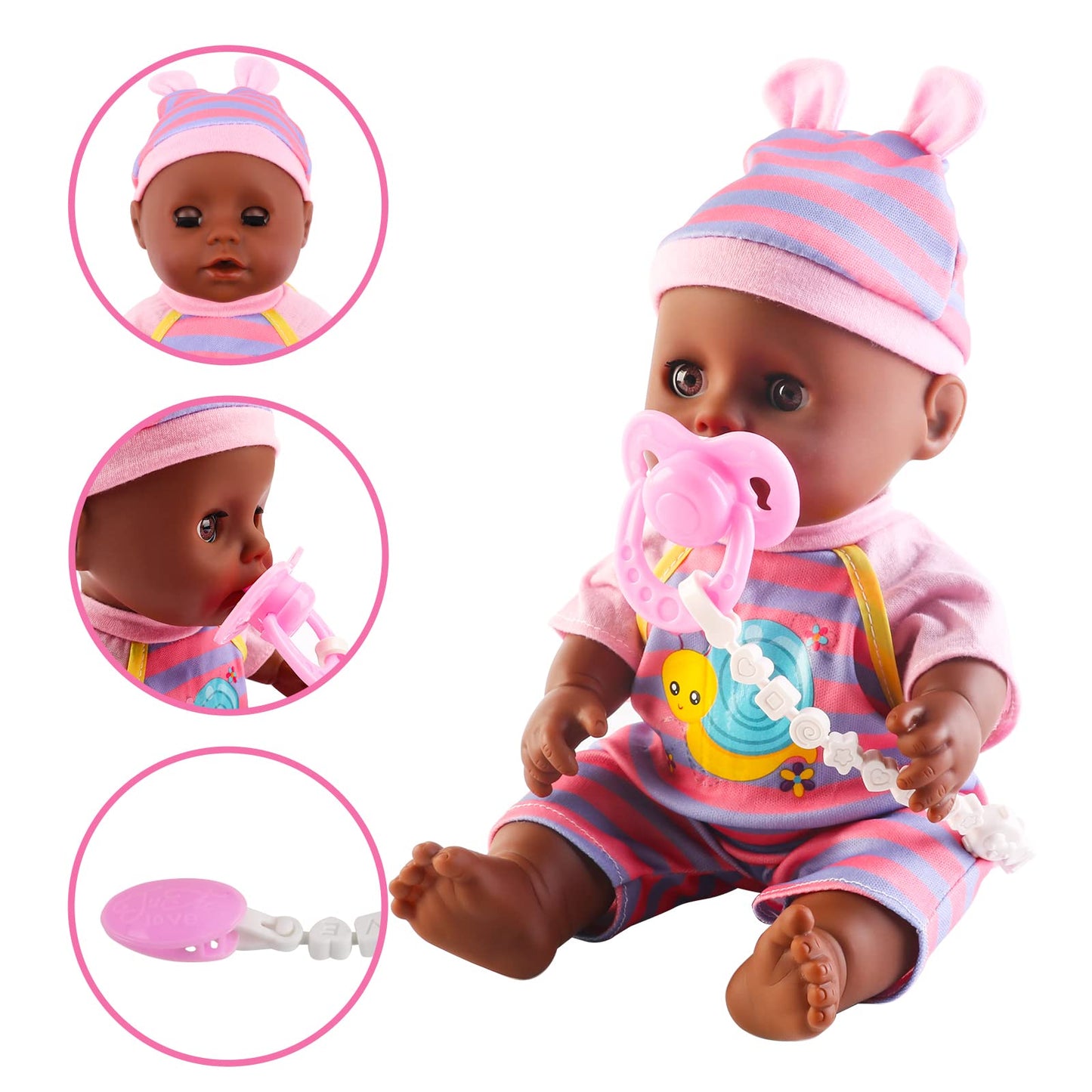 deAO Black Baby Doll Set – 21-Piece Play Set with Doll, Mobile, High Chair & More