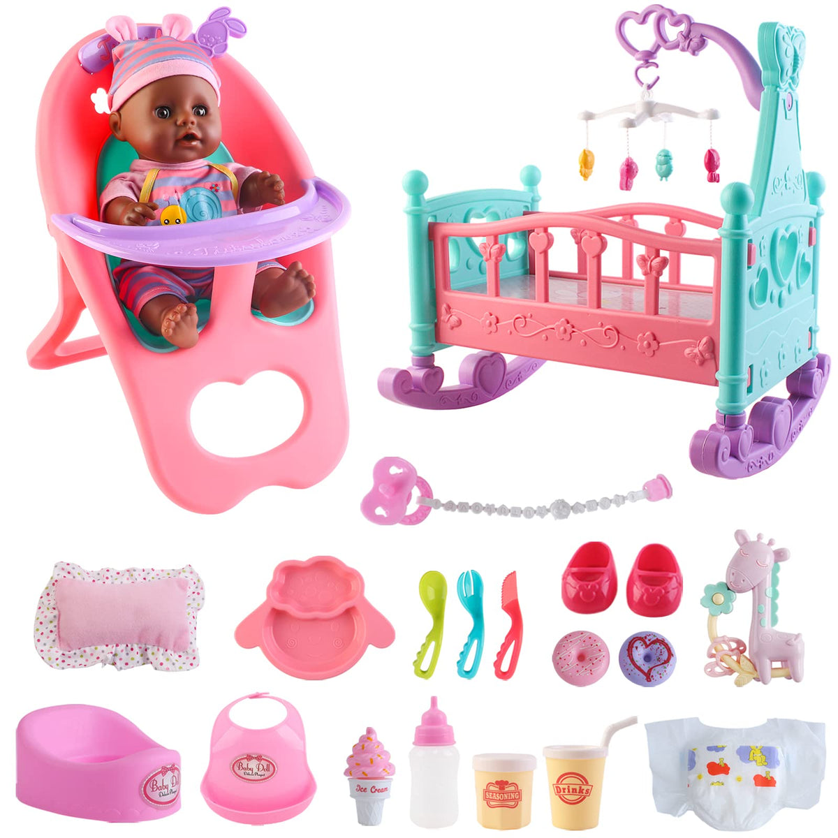 deAO Black Baby Doll Set – 21-Piece Play Set with Doll, Mobile, High Chair & More