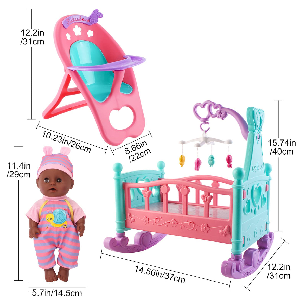 deAO Black Baby Doll Set – 21-Piece Play Set with Doll, Mobile, High Chair & More