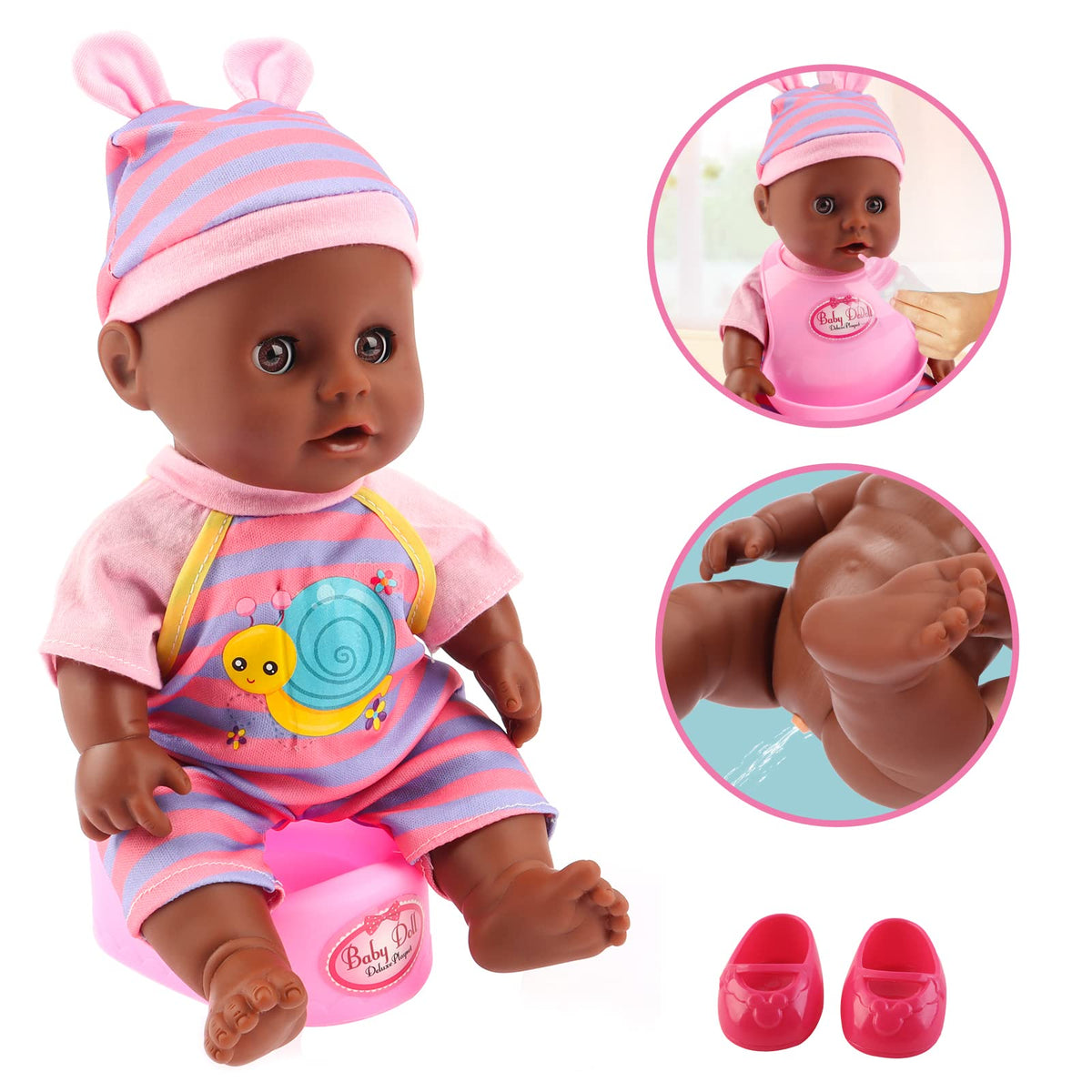 deAO Black Baby Doll Set – 21-Piece Play Set with Doll, Mobile, High Chair & More