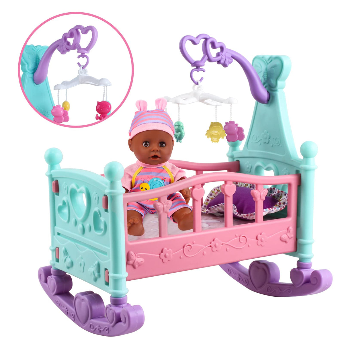 deAO Black Baby Doll Set – 21-Piece Play Set with Doll, Mobile, High Chair & More