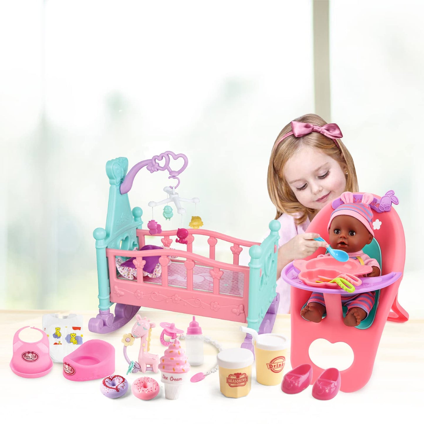 deAO Black Baby Doll Set – 21-Piece Play Set with Doll, Mobile, High Chair & More