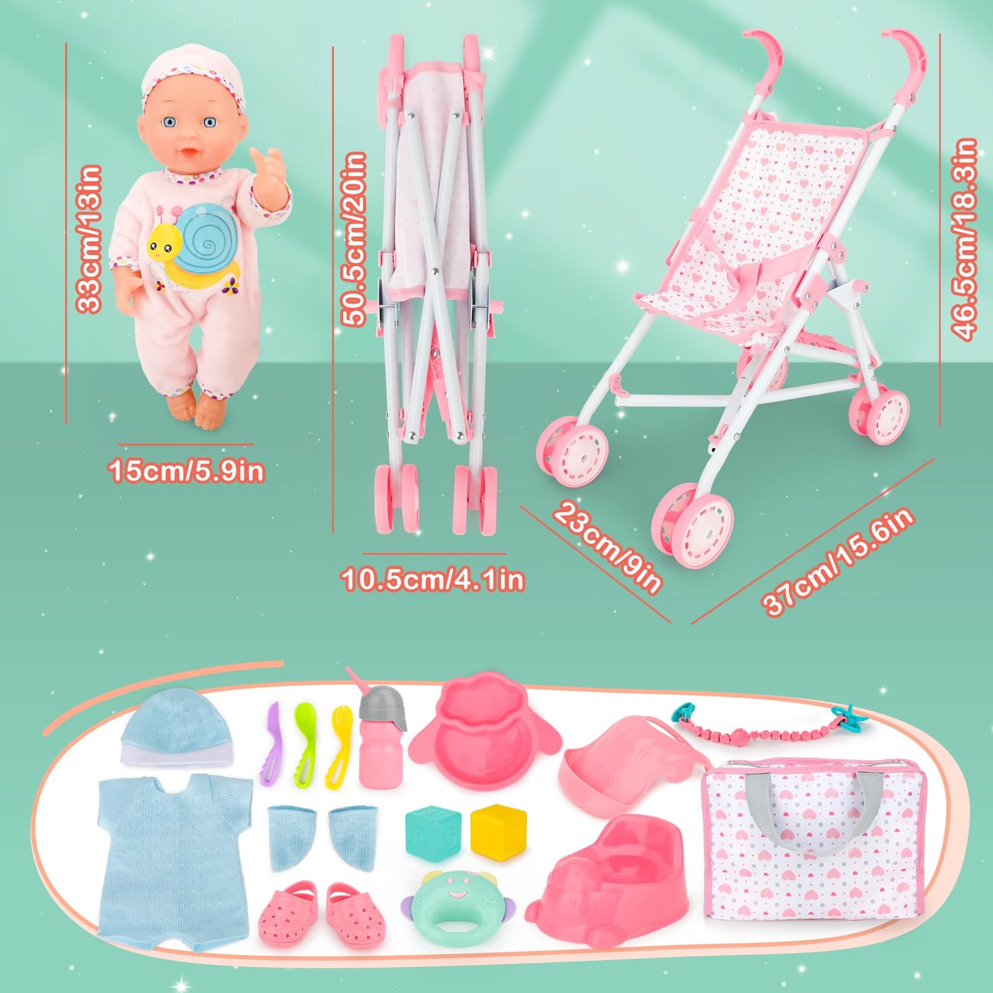 deAO Baby Doll Stroller Set with 13-Inch Doll, Foldable Stroller, 18 Accessories & 2 Doll Clothes