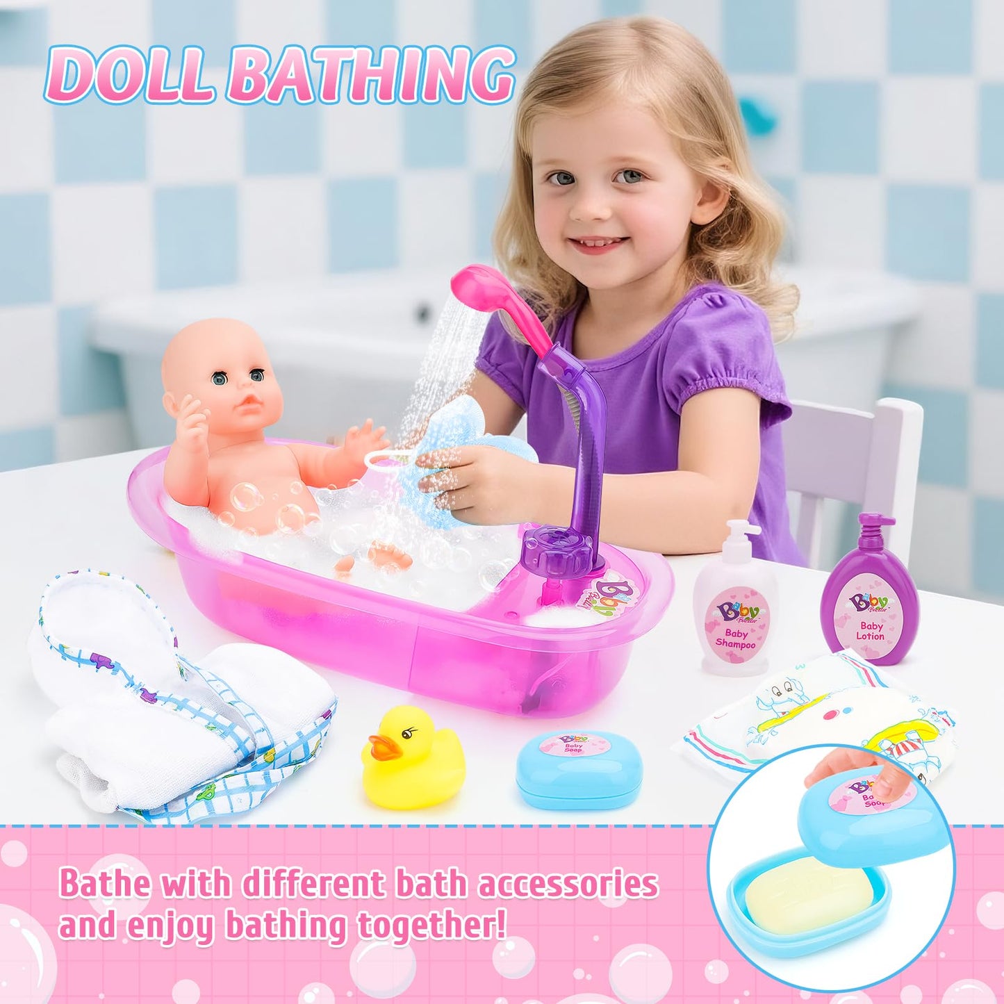 deAO Baby Doll Bath Set – 13-Inch Doll with Working Shower & Accessories