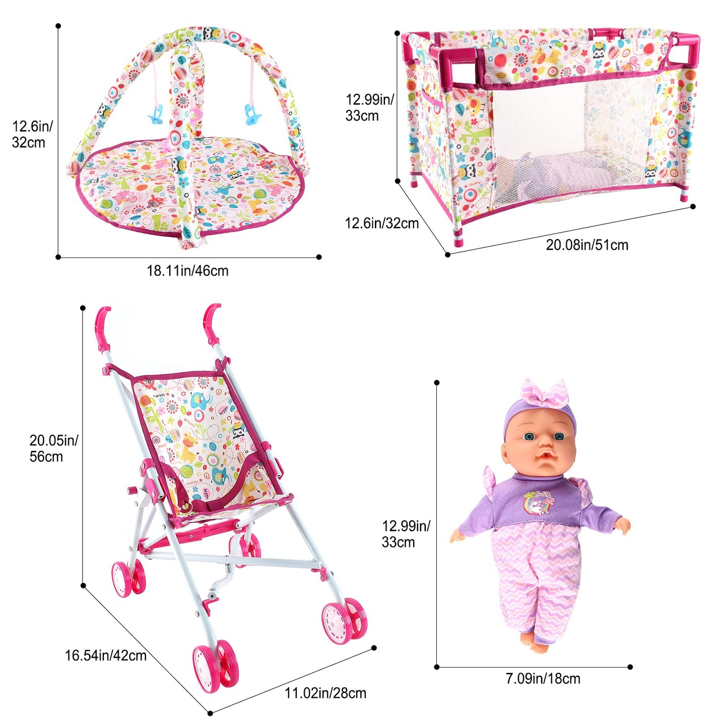deAO Kids Baby Doll Stroller Role Play Set | Feeding Accessories & Travel Bag