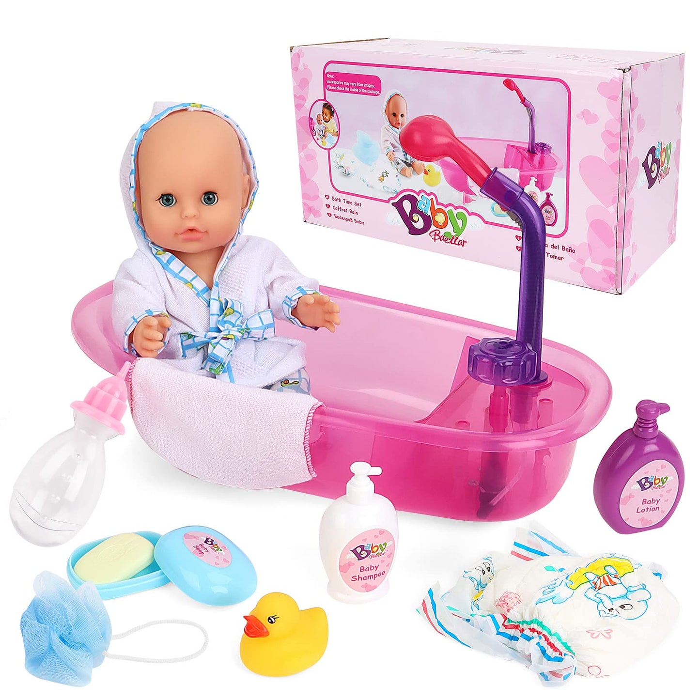 deAO Baby Doll Bath Set with Bathtub – 13” Doll, Detachable Shower Spray, 11‑Piece Bath Toy Gift for 3+