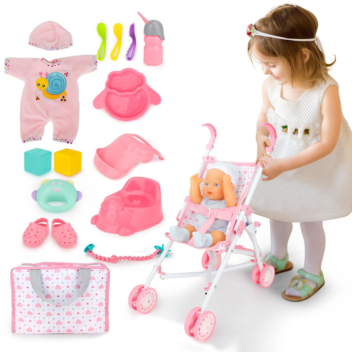 deAO Baby Doll Stroller Set with 13-Inch Doll, Foldable Stroller, 18 Accessories & 2 Doll Clothes