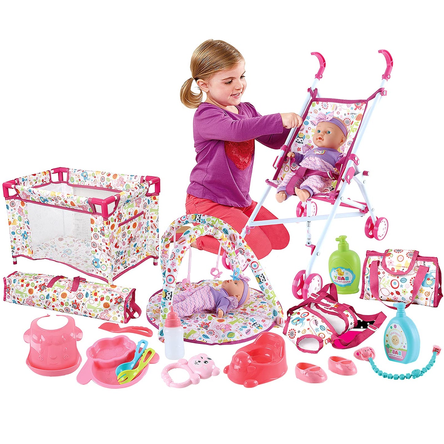 deAO Kids Baby Doll Stroller Role Play Set | Feeding Accessories & Travel Bag
