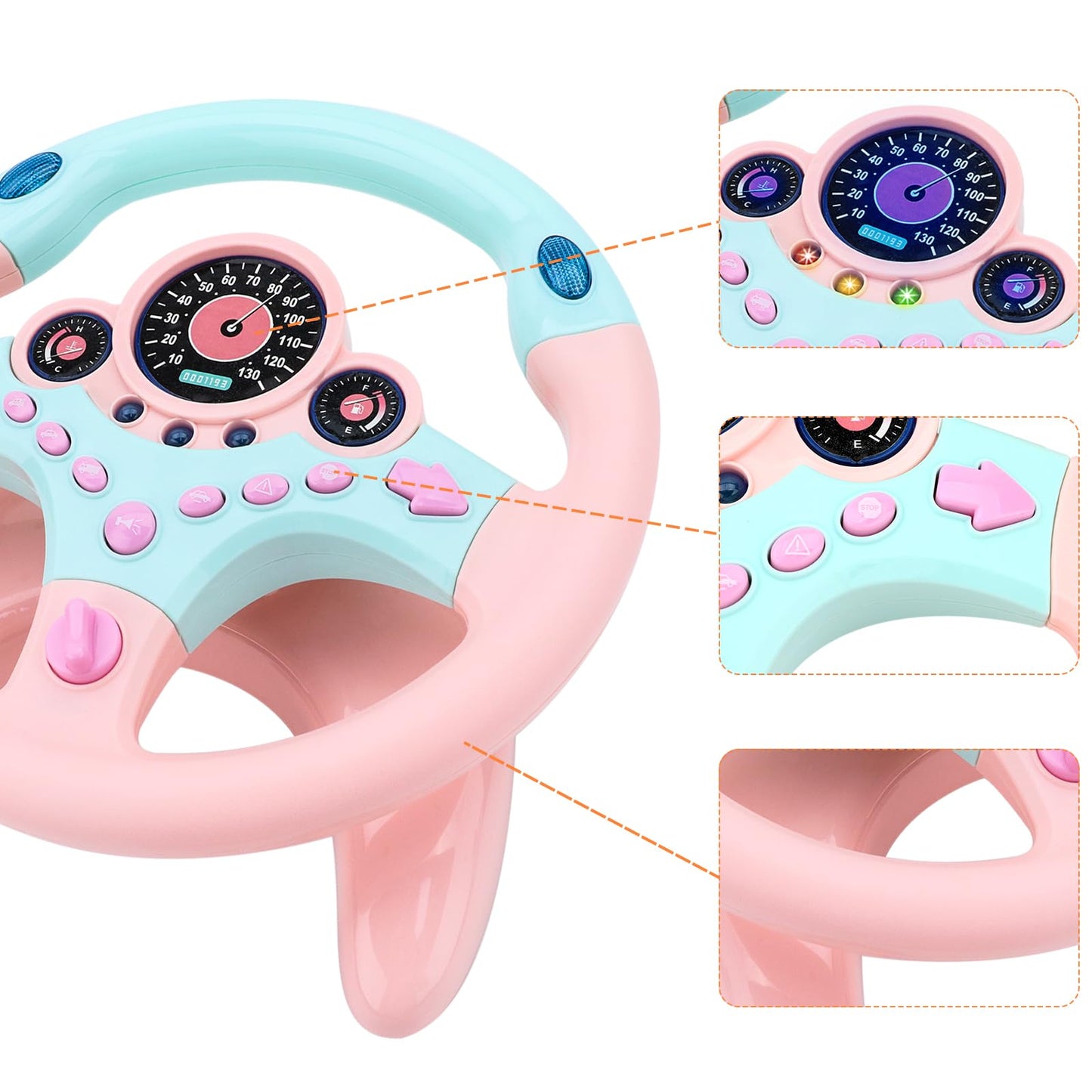 deAO Kids Steering Wheel for Backseat with Key – Pink | Realistic In-Car Play Toy
