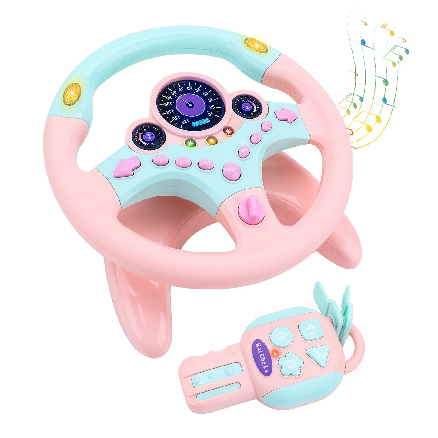 deAO Kids Steering Wheel for Backseat with Key – Pink | Realistic In-Car Play Toy