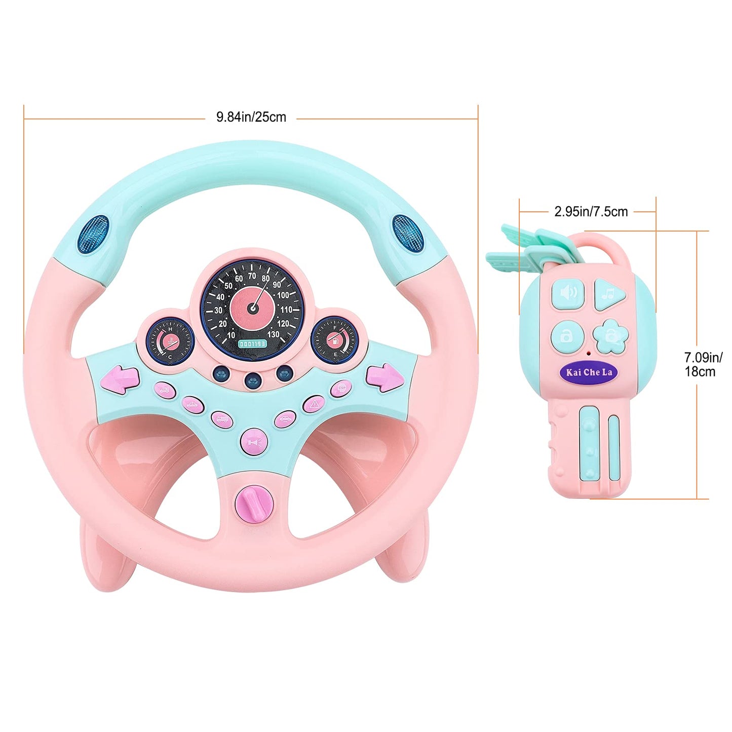 deAO Kids Steering Wheel for Backseat with Key – Pink | Realistic In-Car Play Toy