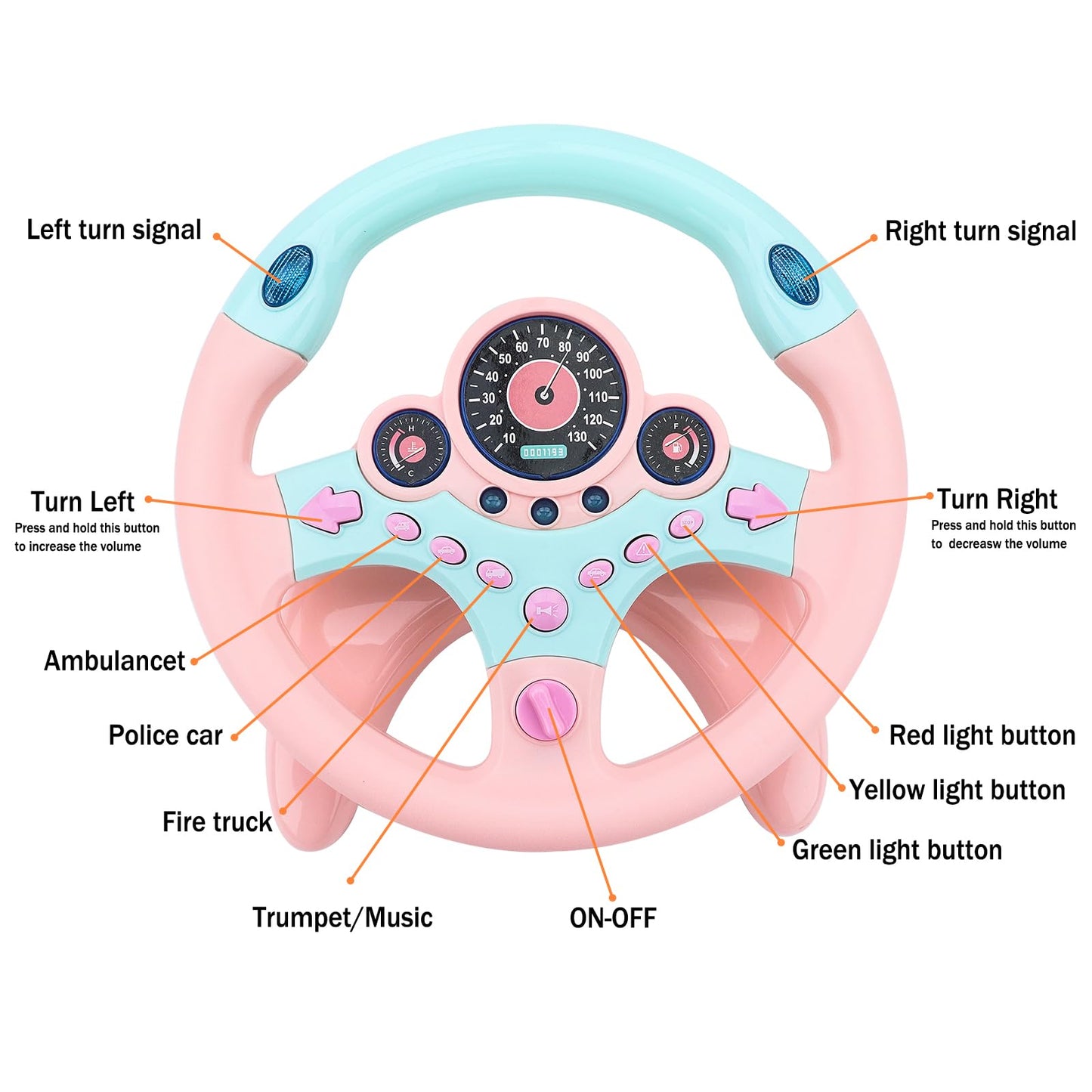 deAO Kids Steering Wheel for Backseat with Key – Pink | Realistic In-Car Play Toy