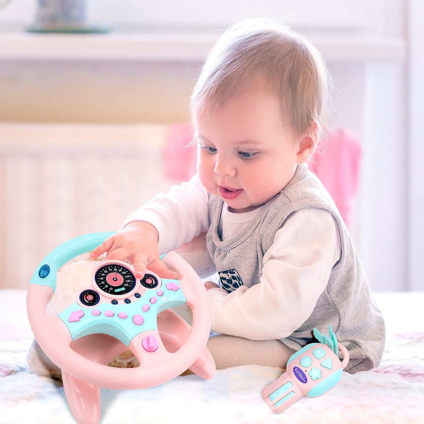 deAO Kids Steering Wheel for Backseat with Key – Pink | Realistic In-Car Play Toy