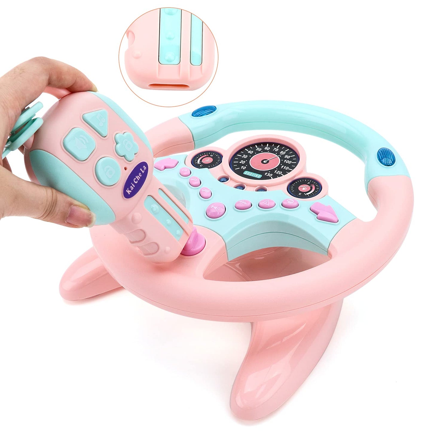 deAO Kids Steering Wheel for Backseat with Key – Pink | Realistic In-Car Play Toy