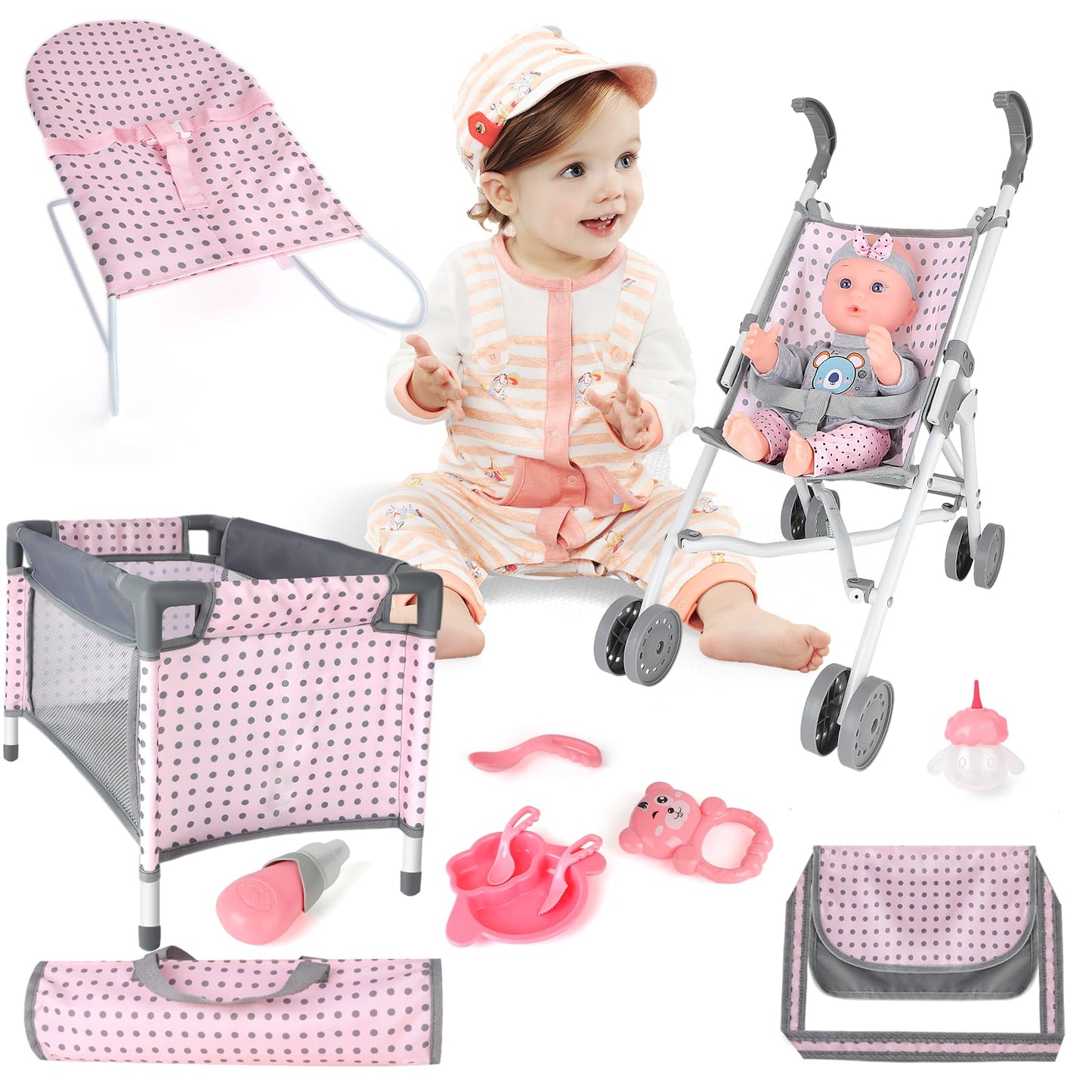 deAO Baby Doll Stroller Set – Nursery Role Play Kit with Accessories