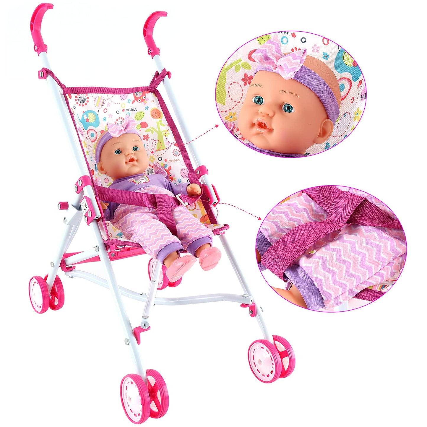 deAO Kids Baby Doll Stroller Role Play Set | Feeding Accessories & Travel Bag