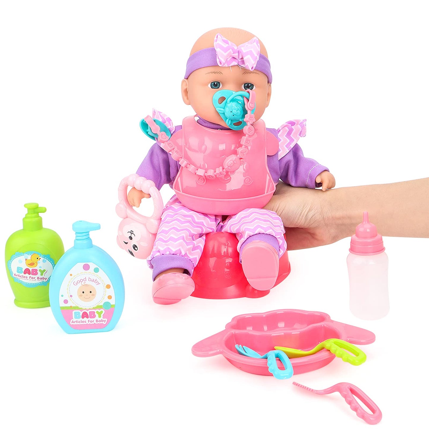 deAO Kids Baby Doll Stroller Role Play Set | Feeding Accessories & Travel Bag