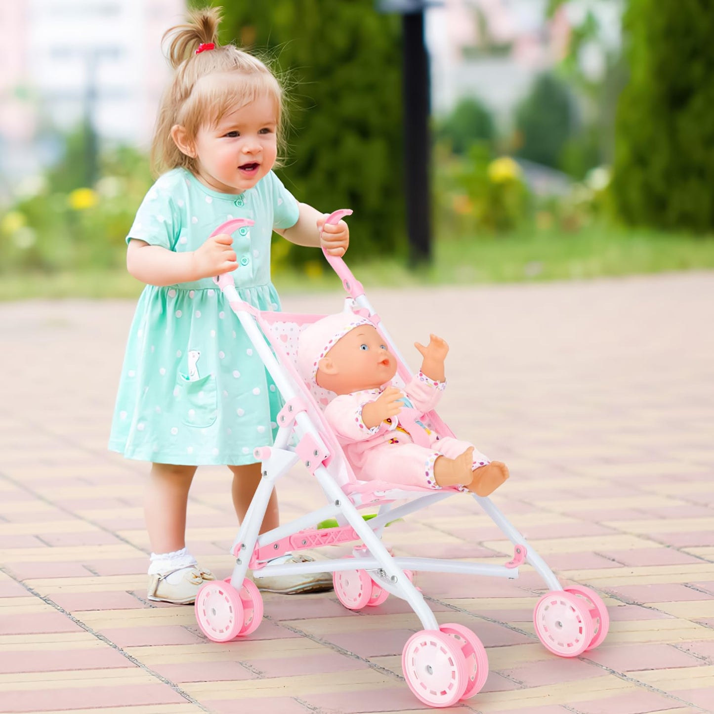deAO Baby Doll Stroller Set with 13-Inch Doll, Foldable Stroller, 18 Accessories & 2 Doll Clothes
