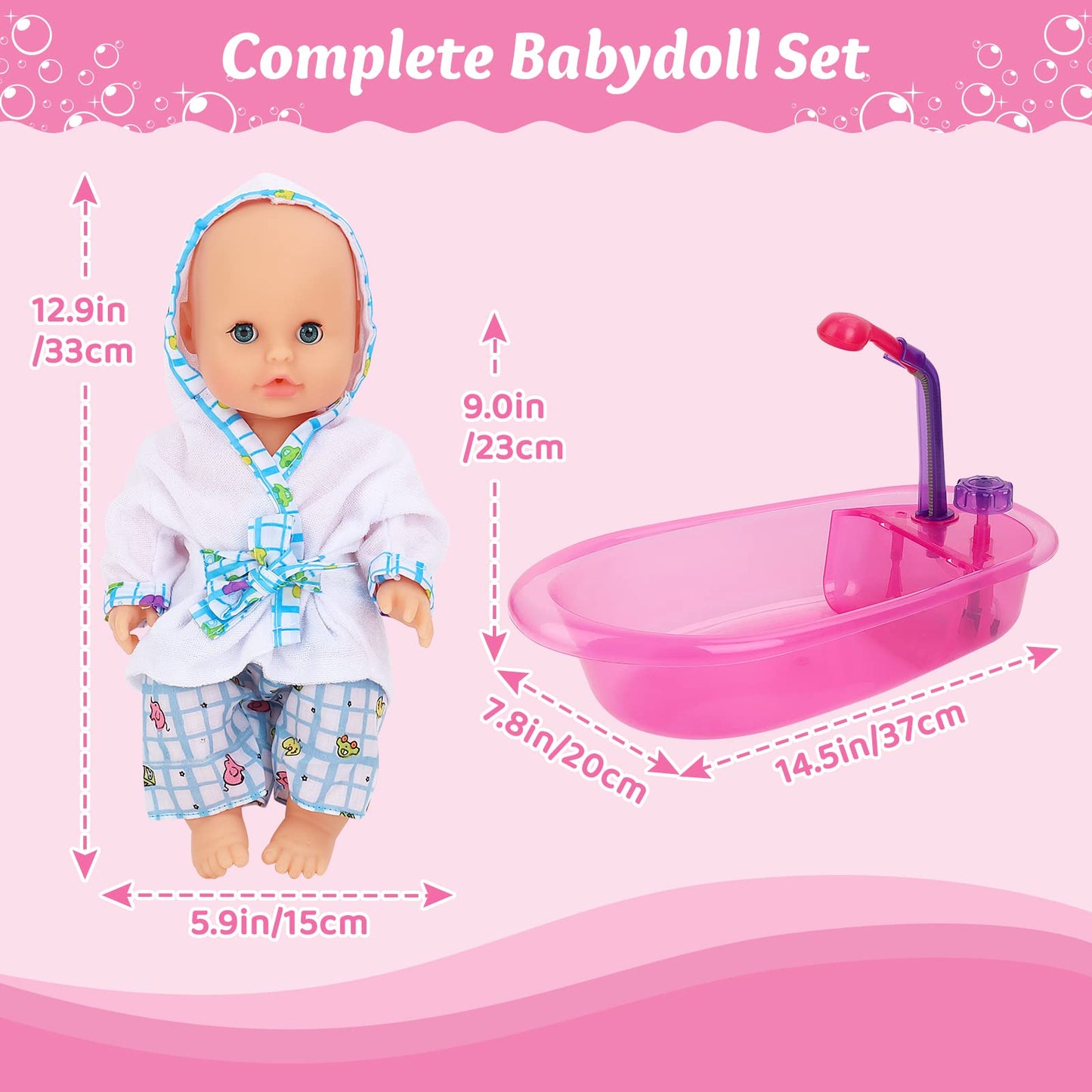 deAO Baby Doll Bath Set with Bathtub – 13” Doll, Detachable Shower Spray, 11‑Piece Bath Toy Gift for 3+