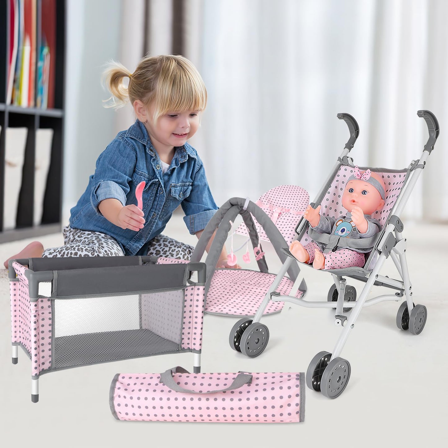deAO Baby Doll Stroller Set – Nursery Role Play Kit with Accessories