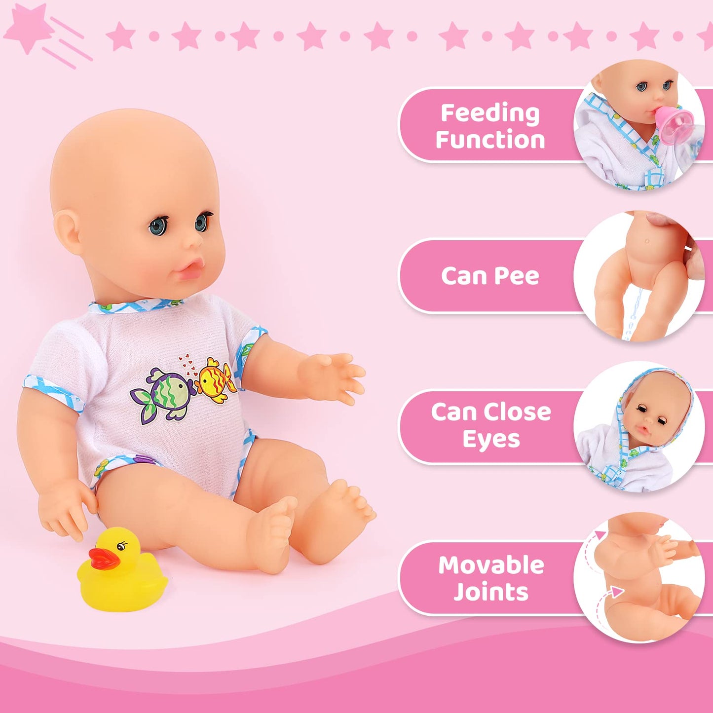 deAO Baby Doll Bath Set with Bathtub – 13” Doll, Detachable Shower Spray, 11‑Piece Bath Toy Gift for 3+